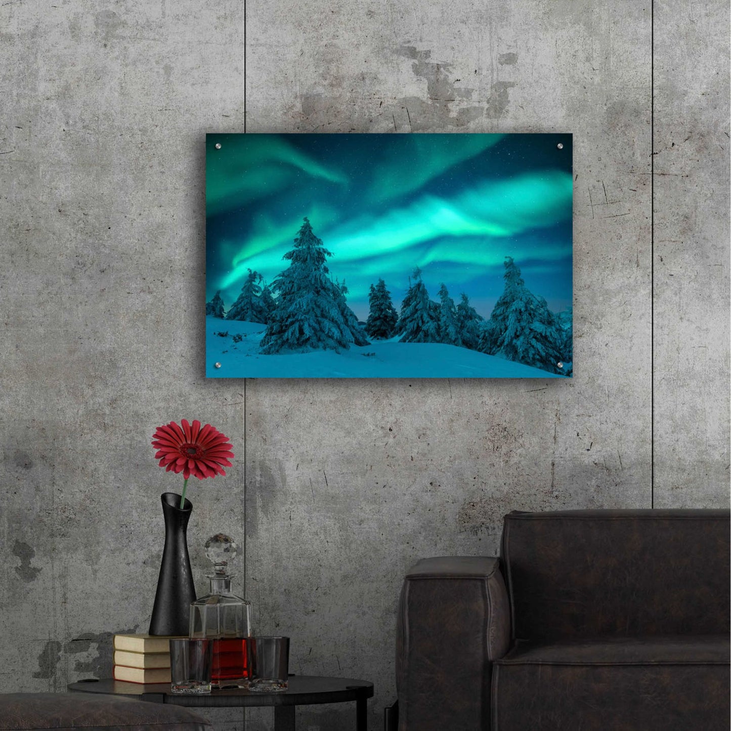 Epic Art 'Northern Lights In Winter Forest 2' by Epic Portfolio, Acrylic Glass Wall Art,36x24