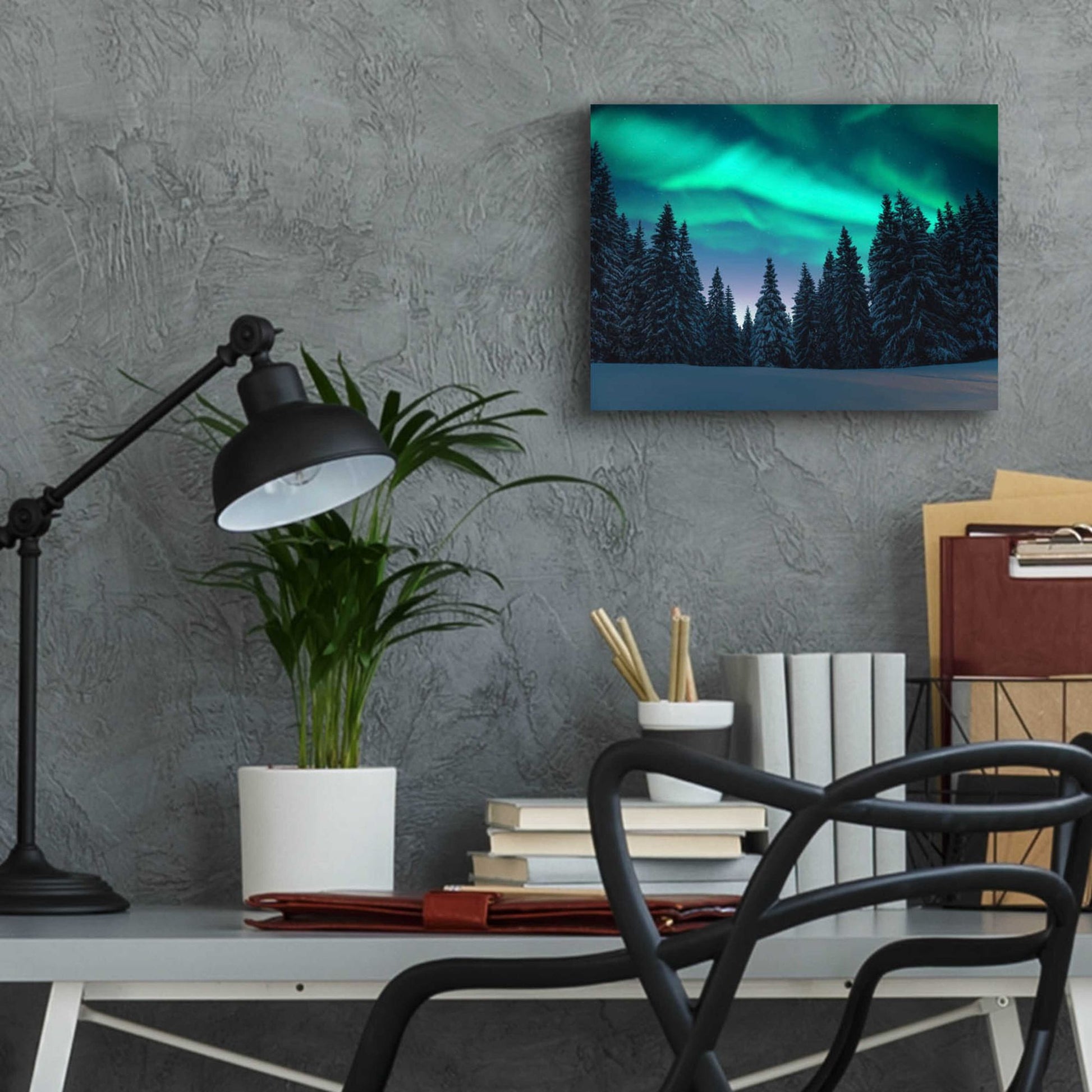 Epic Art 'Northern Lights In Winter Forest 3' by Epic Portfolio, Acrylic Glass Wall Art,16x12