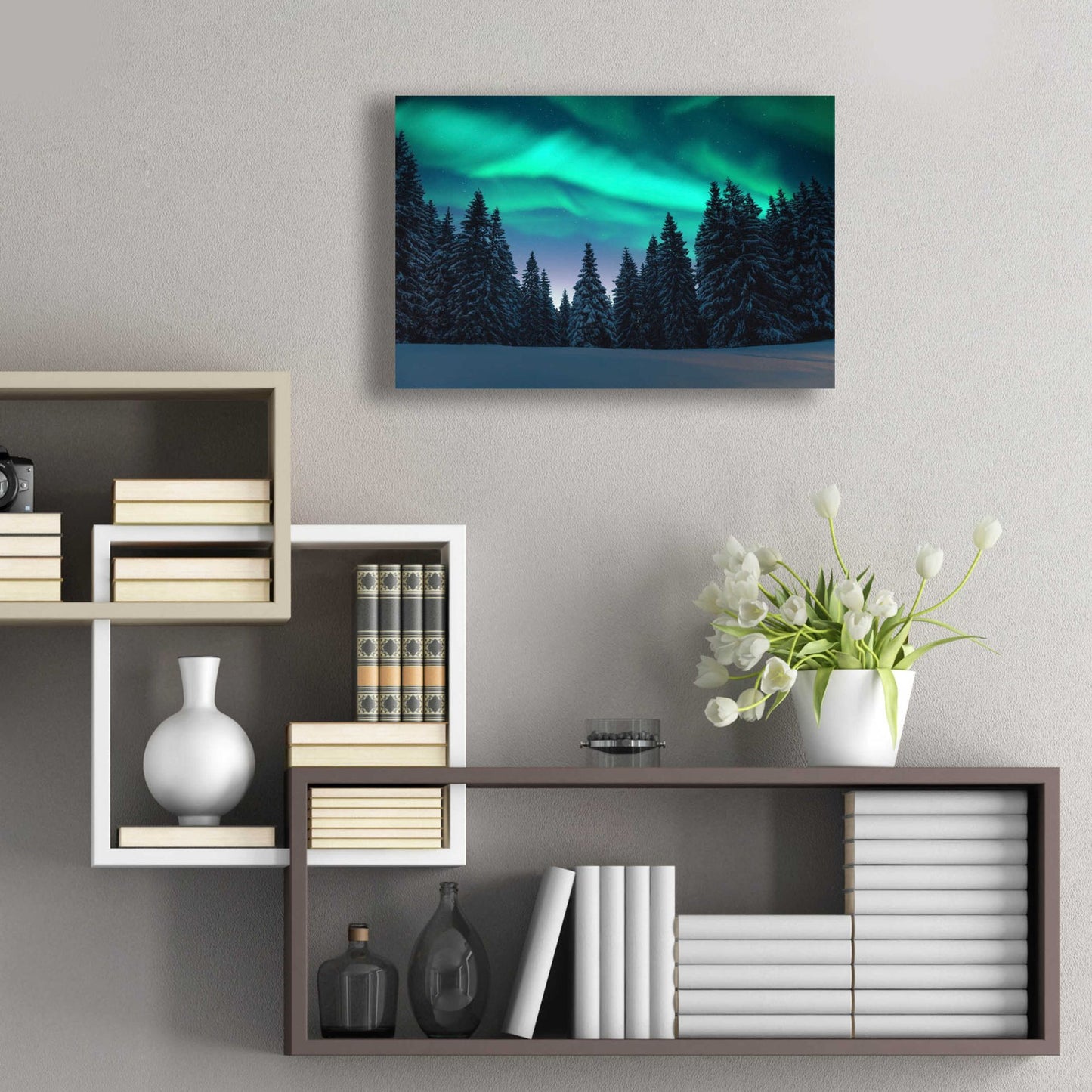 Epic Art 'Northern Lights In Winter Forest 3' by Epic Portfolio, Acrylic Glass Wall Art,24x16