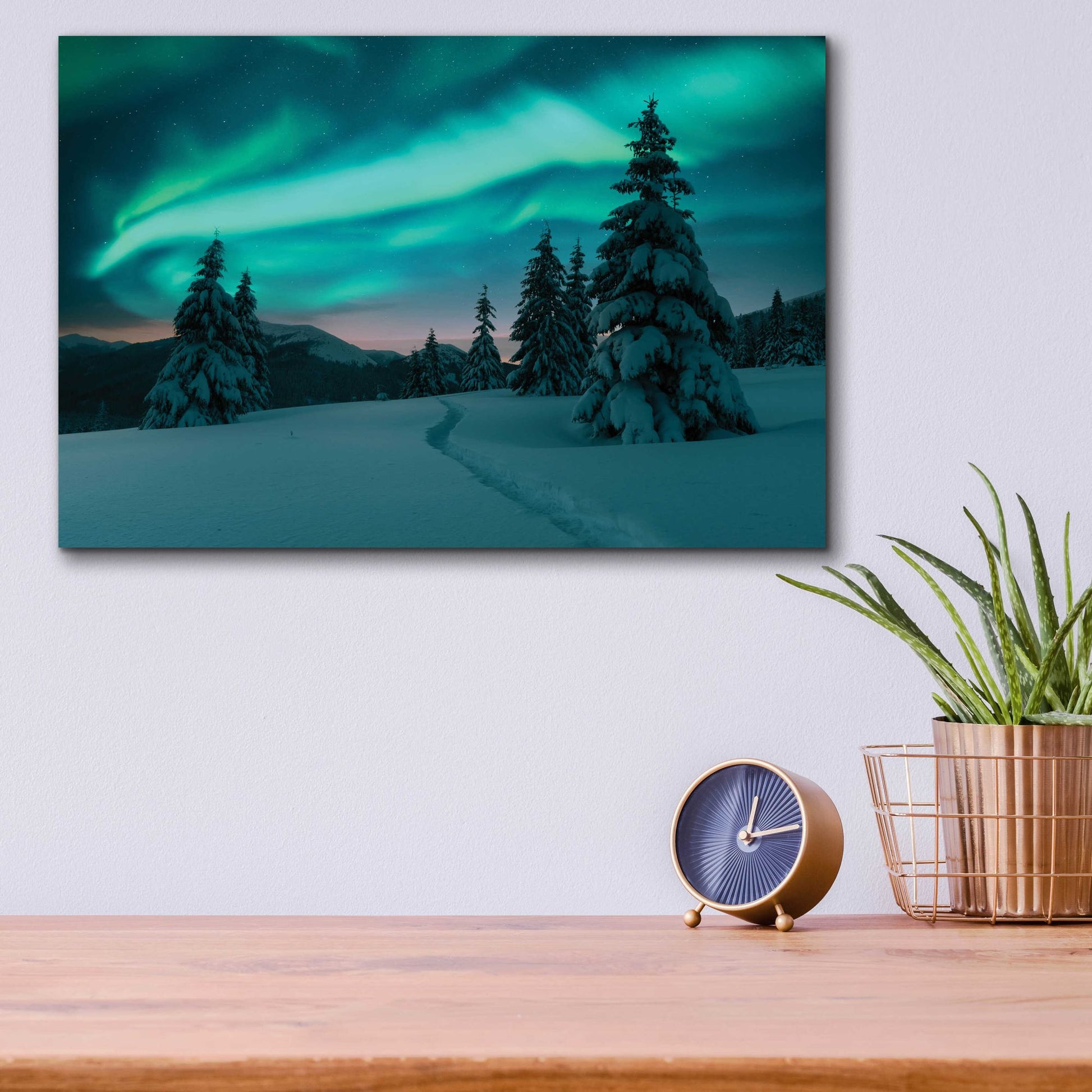 Epic Art 'Northern Lights In Winter Forest 4' by Epic Portfolio, Acrylic Glass Wall Art,16x12