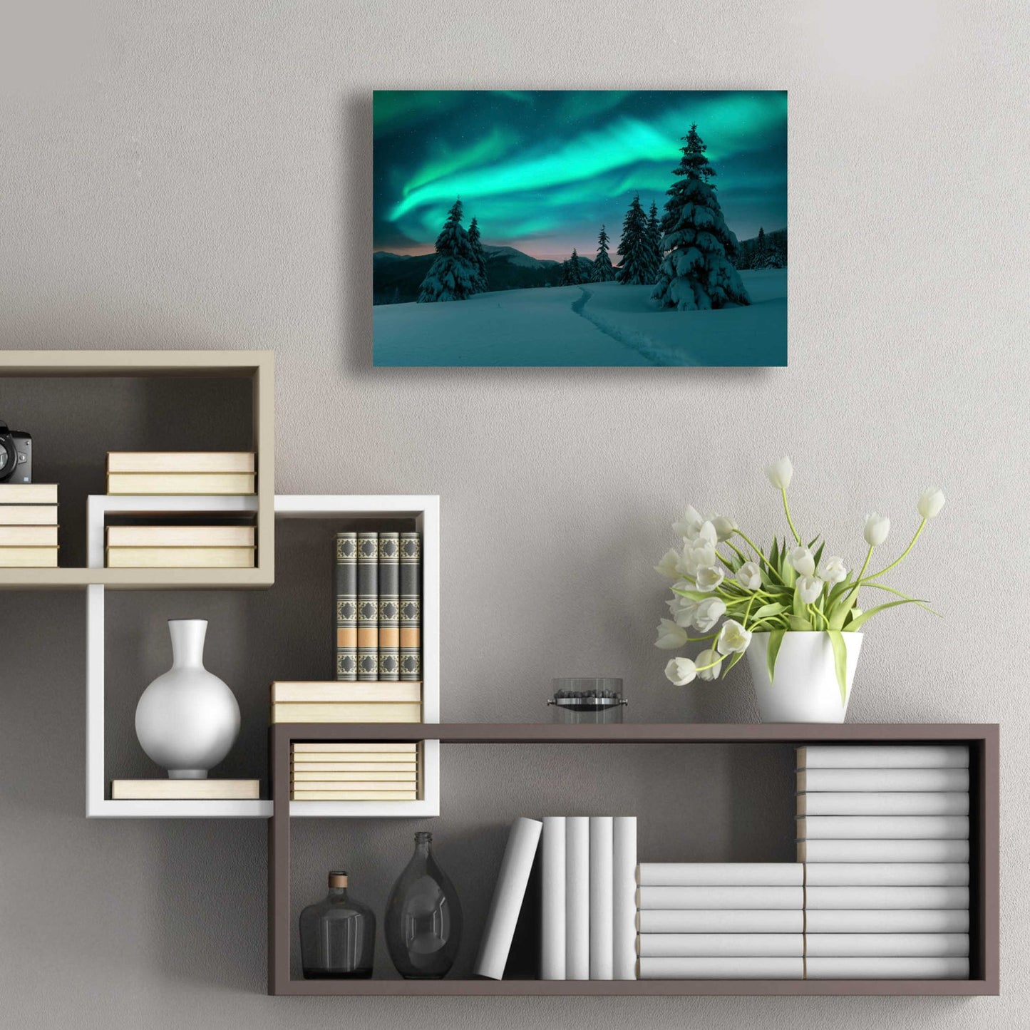 Epic Art 'Northern Lights In Winter Forest 4' by Epic Portfolio, Acrylic Glass Wall Art,24x16