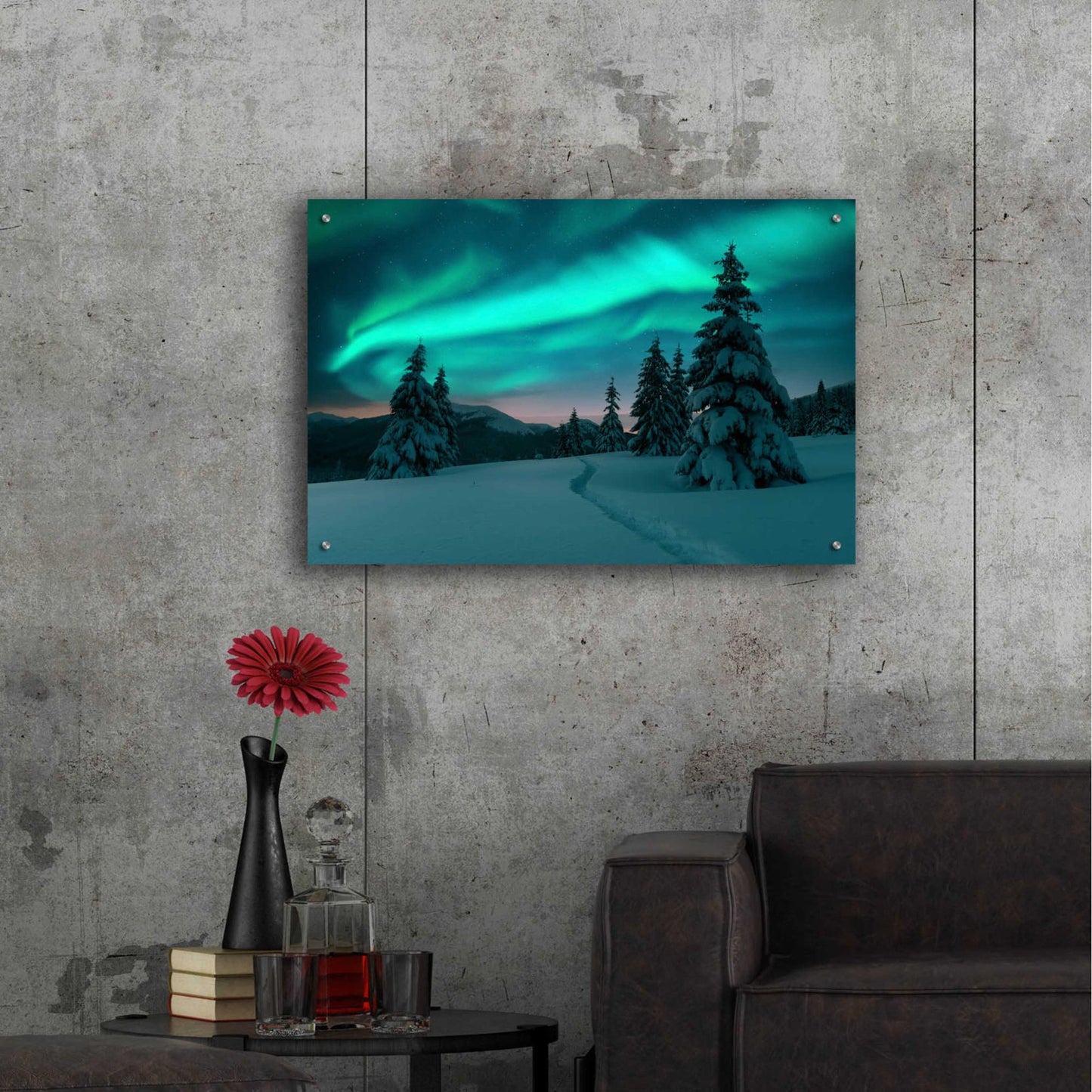 Epic Art 'Northern Lights In Winter Forest 4' by Epic Portfolio, Acrylic Glass Wall Art,36x24