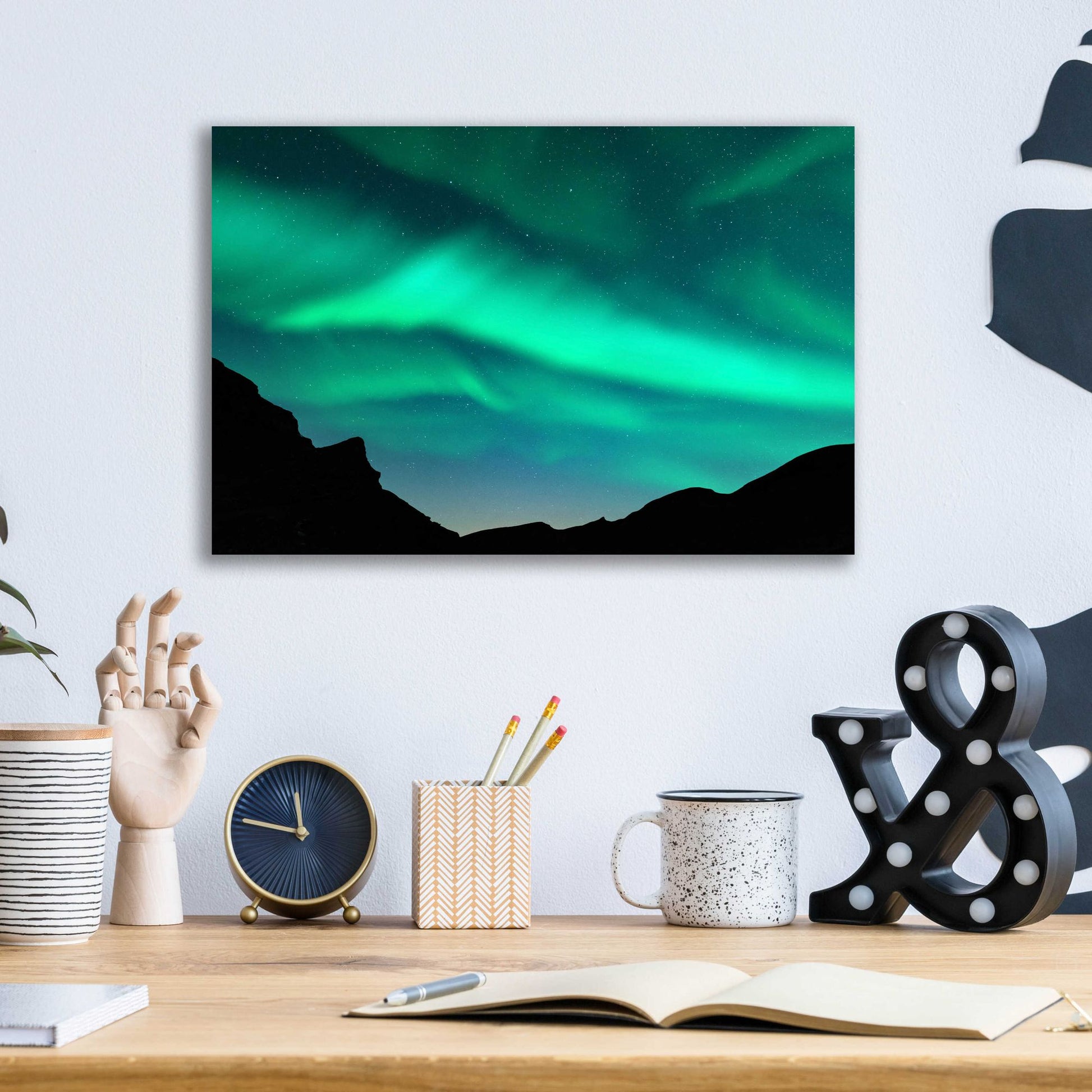 Epic Art 'Northern Lights In Winter Mountains' by Epic Portfolio, Acrylic Glass Wall Art,16x12