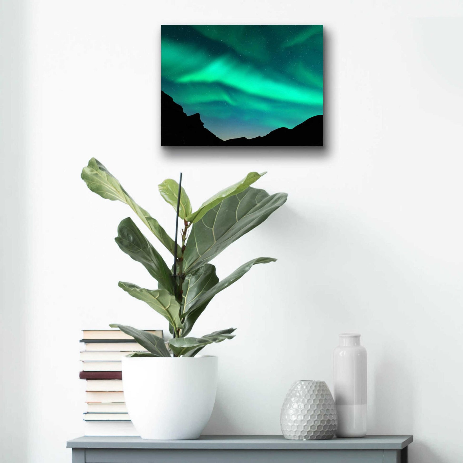 Epic Art 'Northern Lights In Winter Mountains' by Epic Portfolio, Acrylic Glass Wall Art,16x12