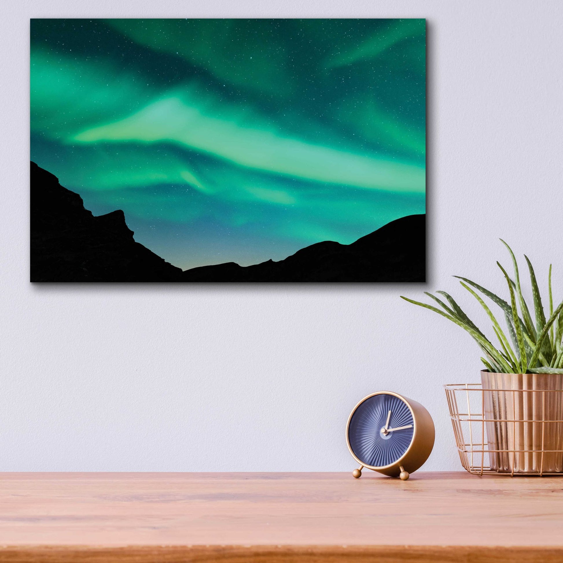 Epic Art 'Northern Lights In Winter Mountains' by Epic Portfolio, Acrylic Glass Wall Art,16x12