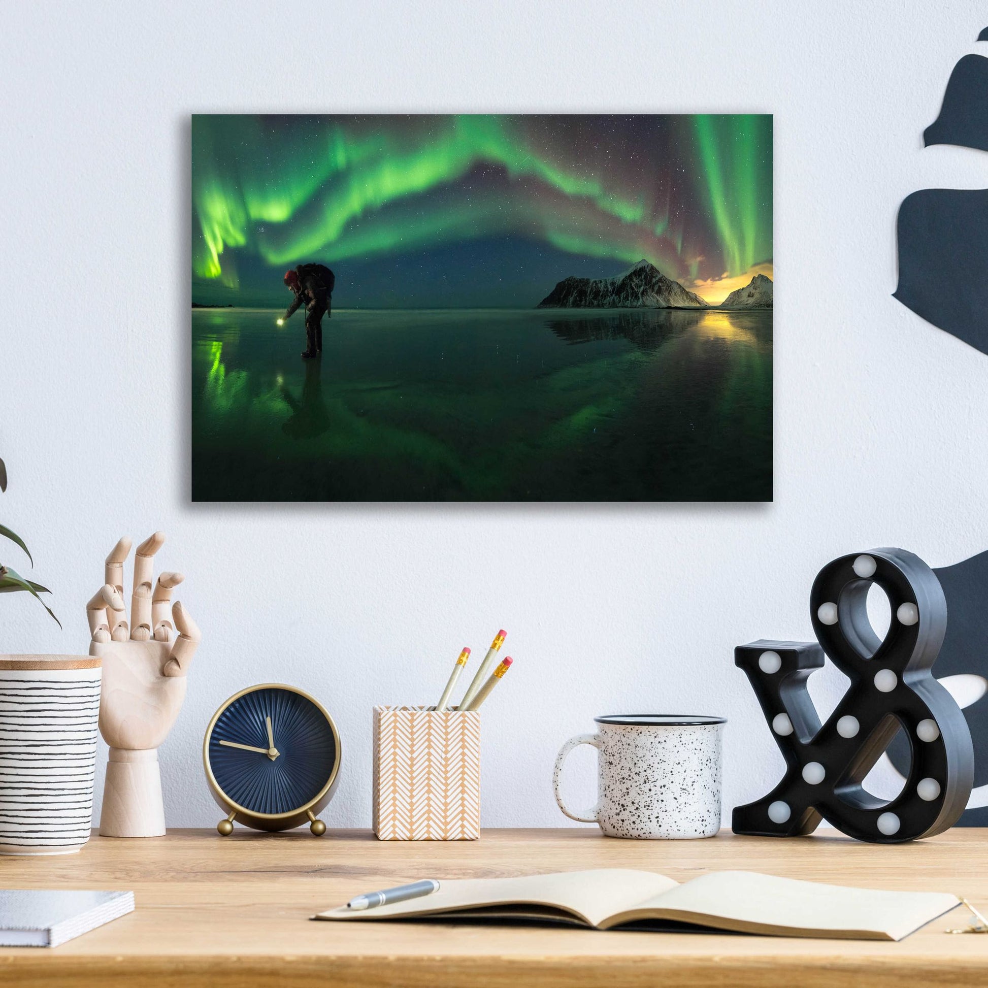 Epic Art 'Person On Ice During Northern Lights' by Epic Portfolio, Acrylic Glass Wall Art,16x12