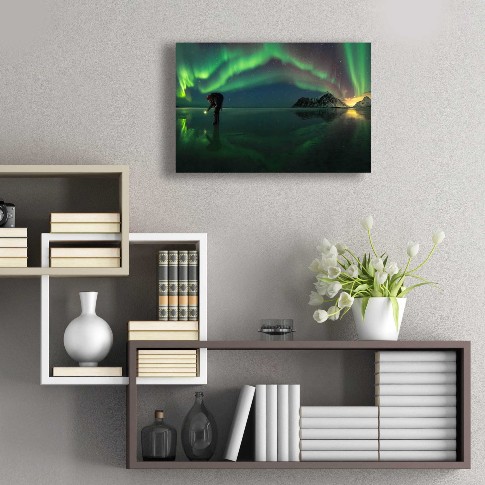 Epic Art 'Person On Ice During Northern Lights' by Epic Portfolio, Acrylic Glass Wall Art,24x16