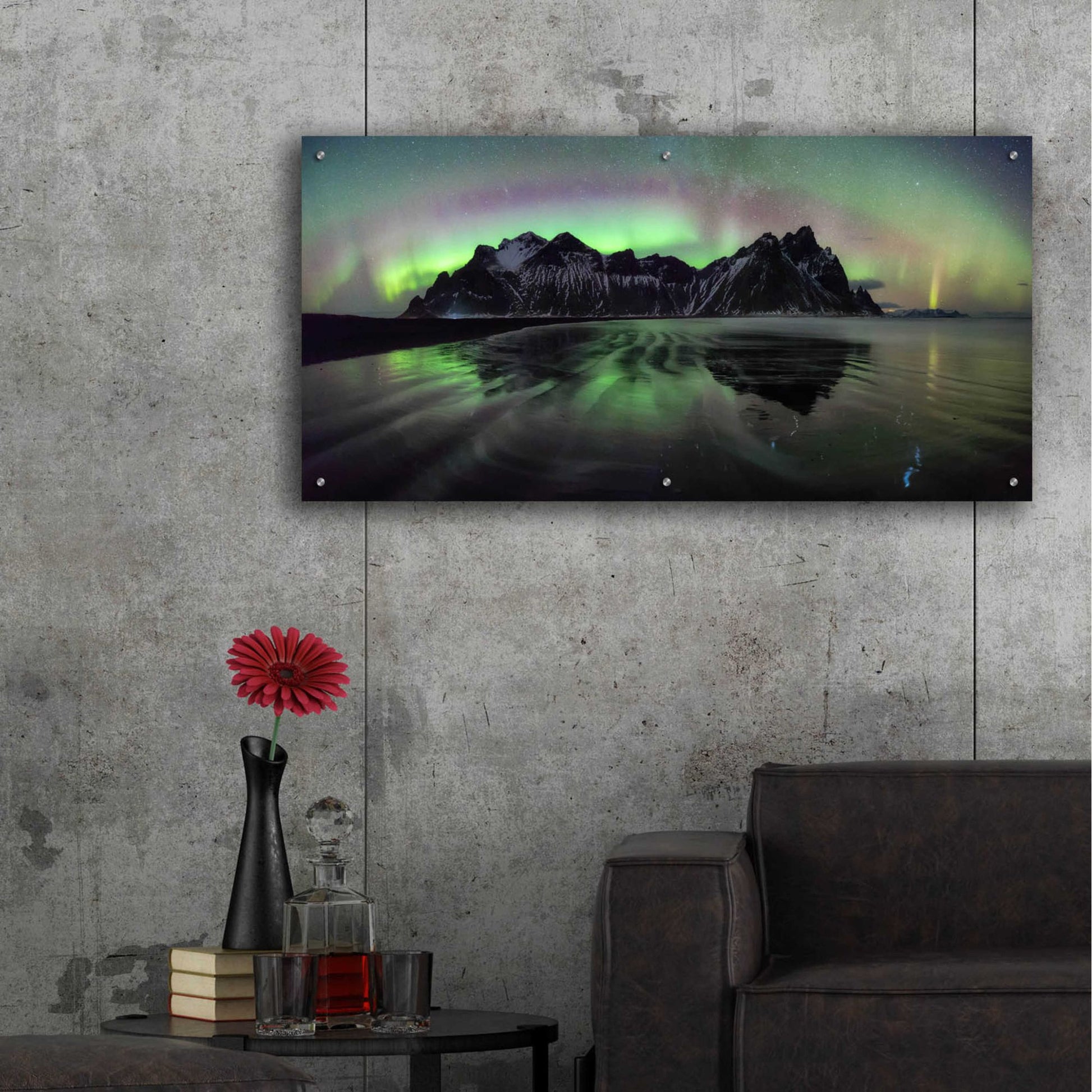 Epic Art 'Water And Mountain During Northern Lights' by Epic Portfolio, Acrylic Glass Wall Art,48x24