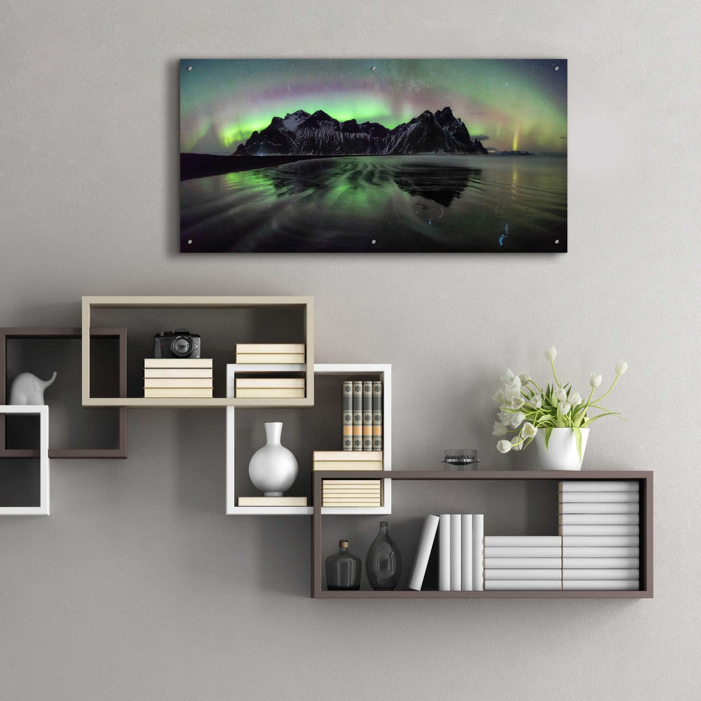 Epic Art 'Water And Mountain During Northern Lights' by Epic Portfolio, Acrylic Glass Wall Art,48x24