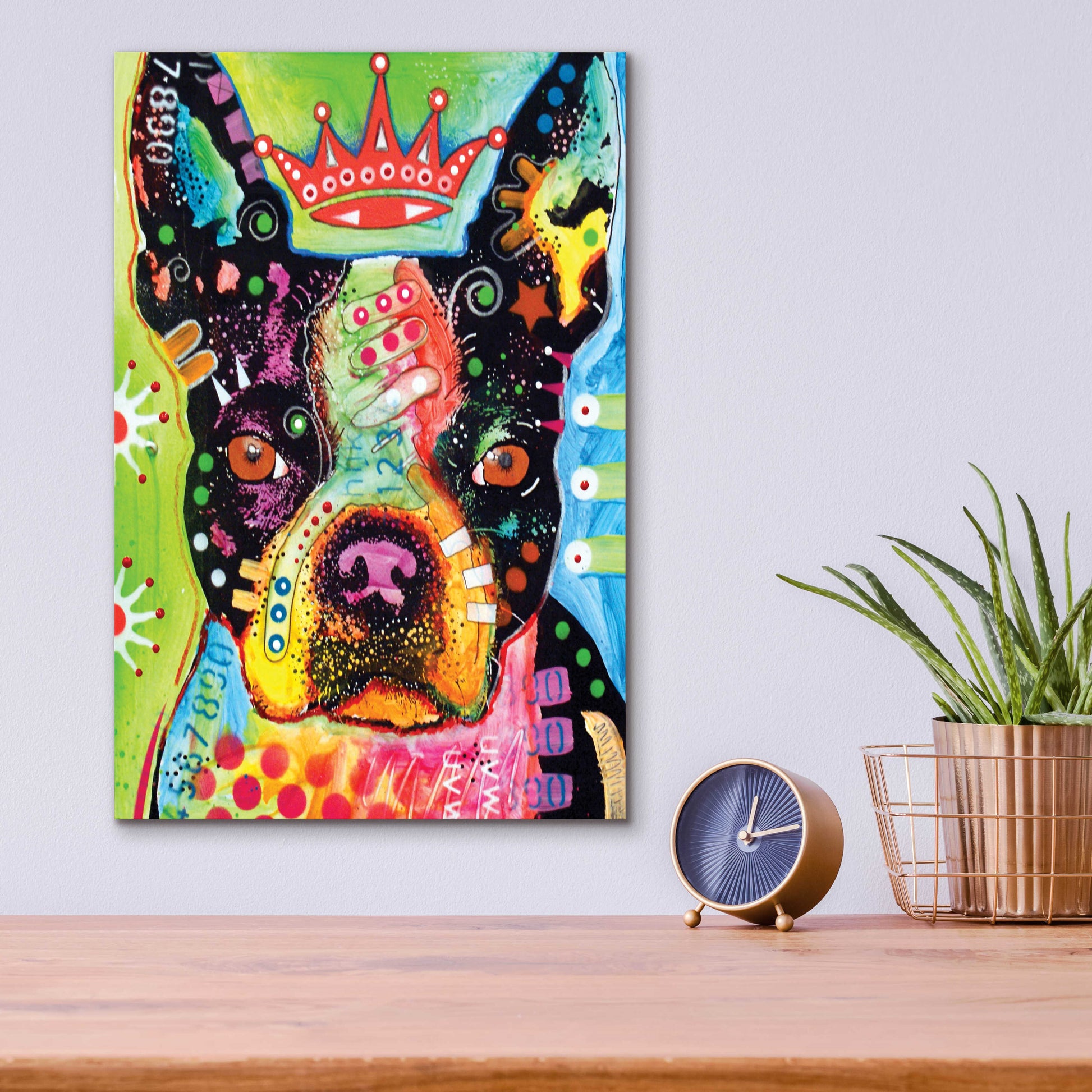 Epic Art 'Boston Terrier Crowned' by Dean Russo, Acrylic Glass Wall Art,12x16