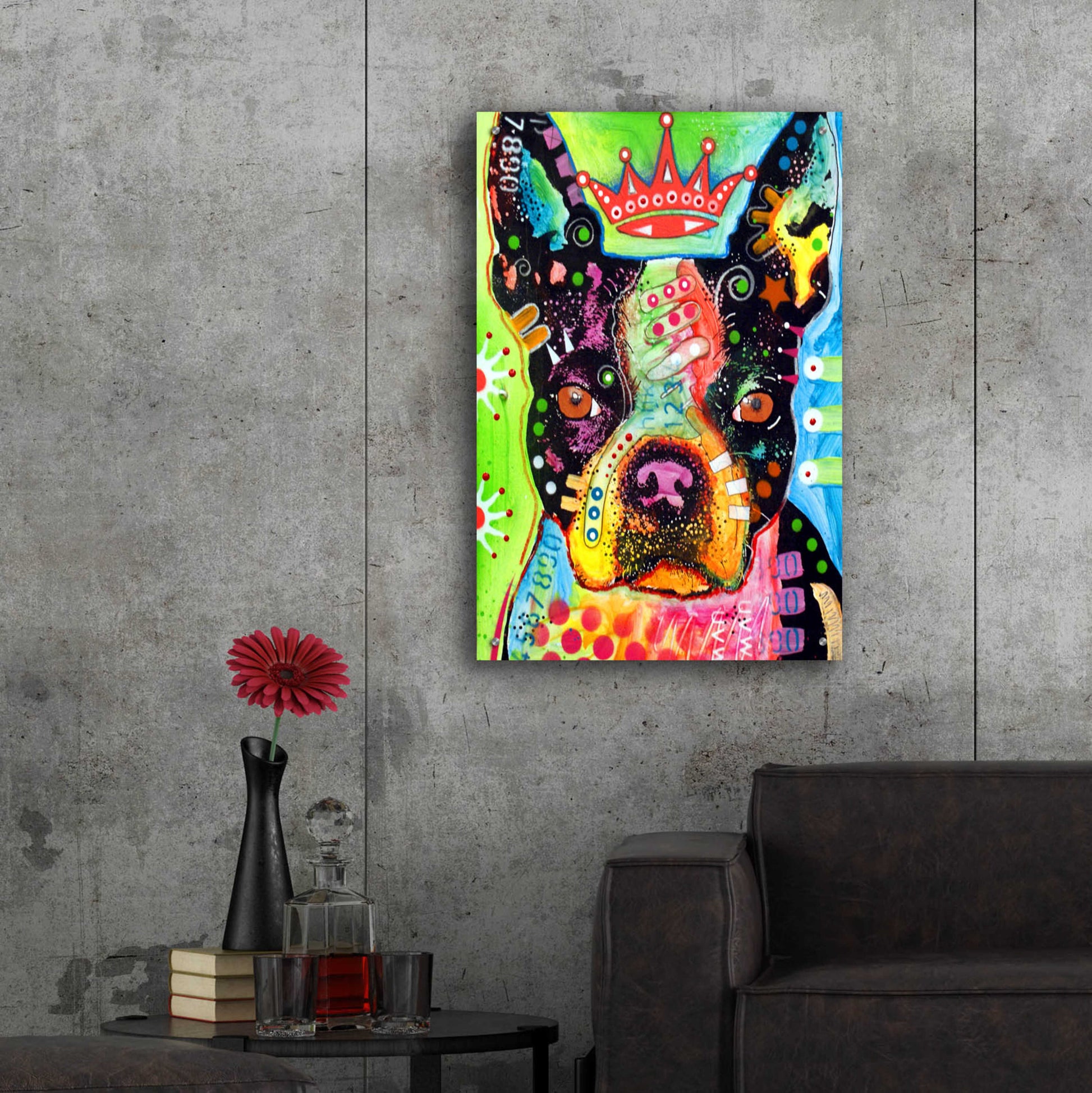 Epic Art 'Boston Terrier Crowned' by Dean Russo, Acrylic Glass Wall Art,24x36