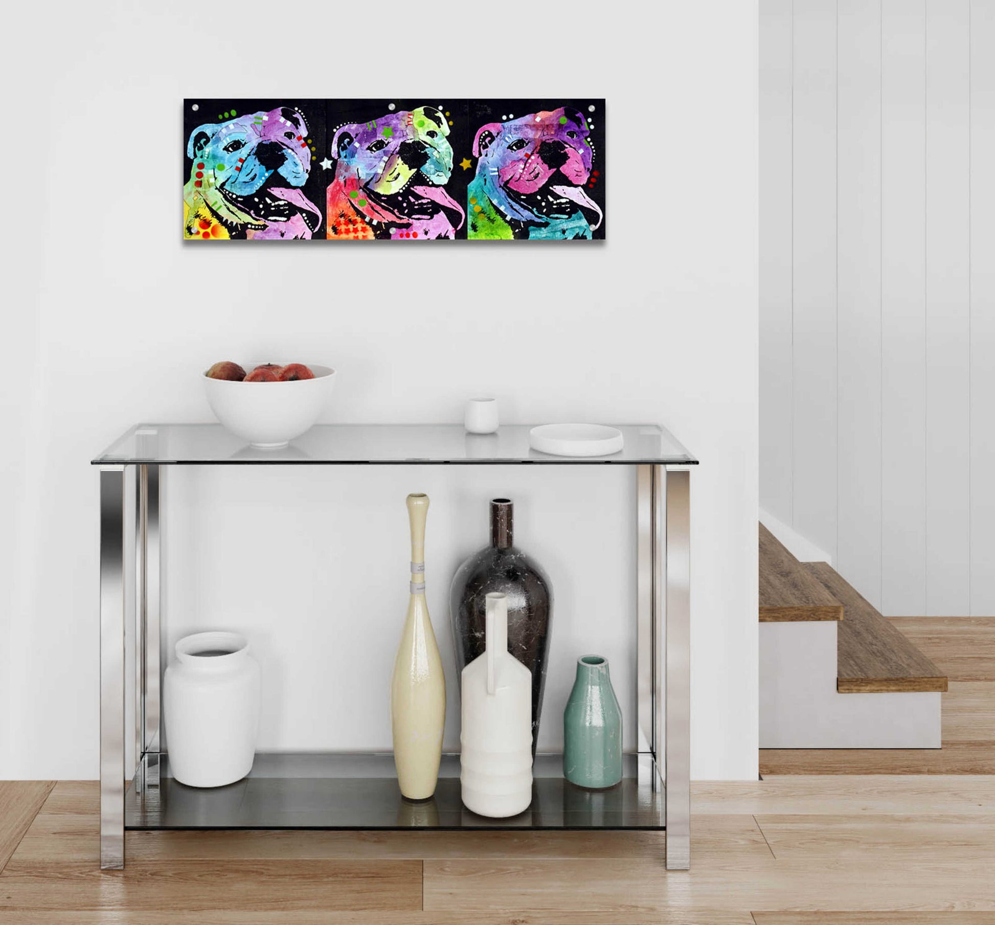 Epic Art '3 Bulldogs' by Dean Russo, Acrylic Glass Wall Art,36x12