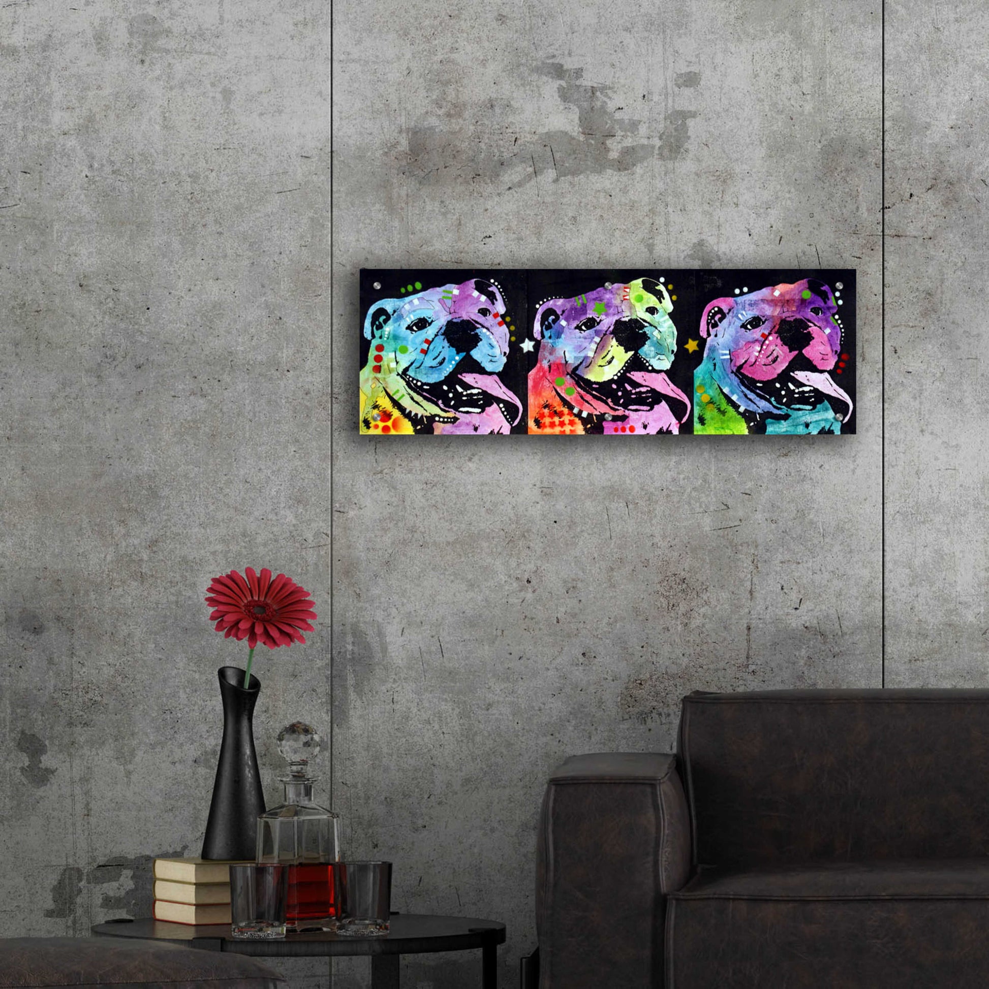 Epic Art '3 Bulldogs' by Dean Russo, Acrylic Glass Wall Art,36x12