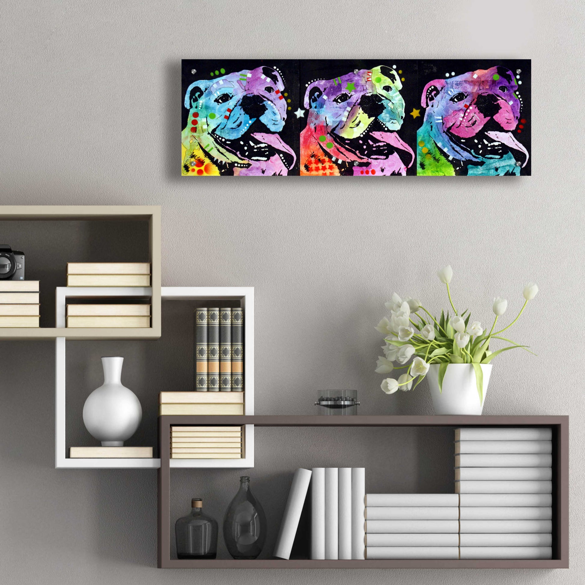 Epic Art '3 Bulldogs' by Dean Russo, Acrylic Glass Wall Art,36x12