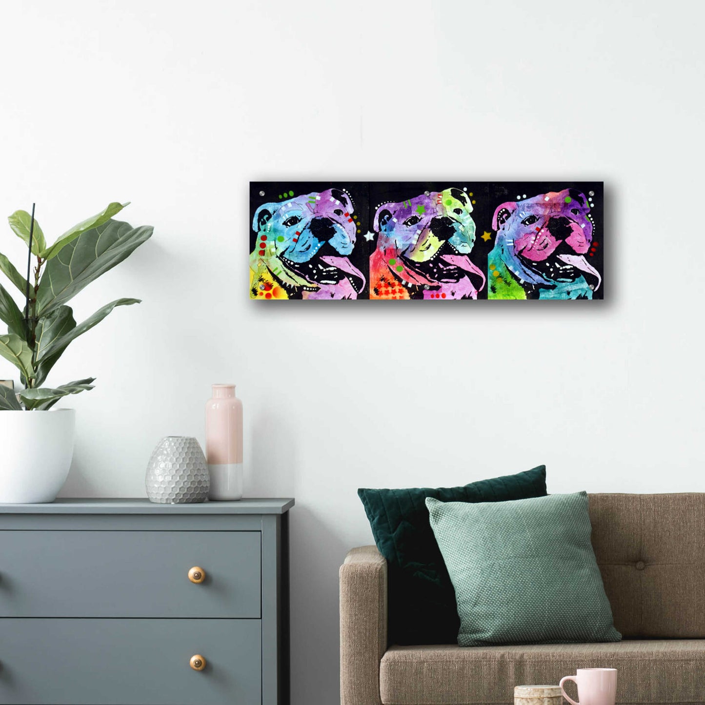 Epic Art '3 Bulldogs' by Dean Russo, Acrylic Glass Wall Art,36x12