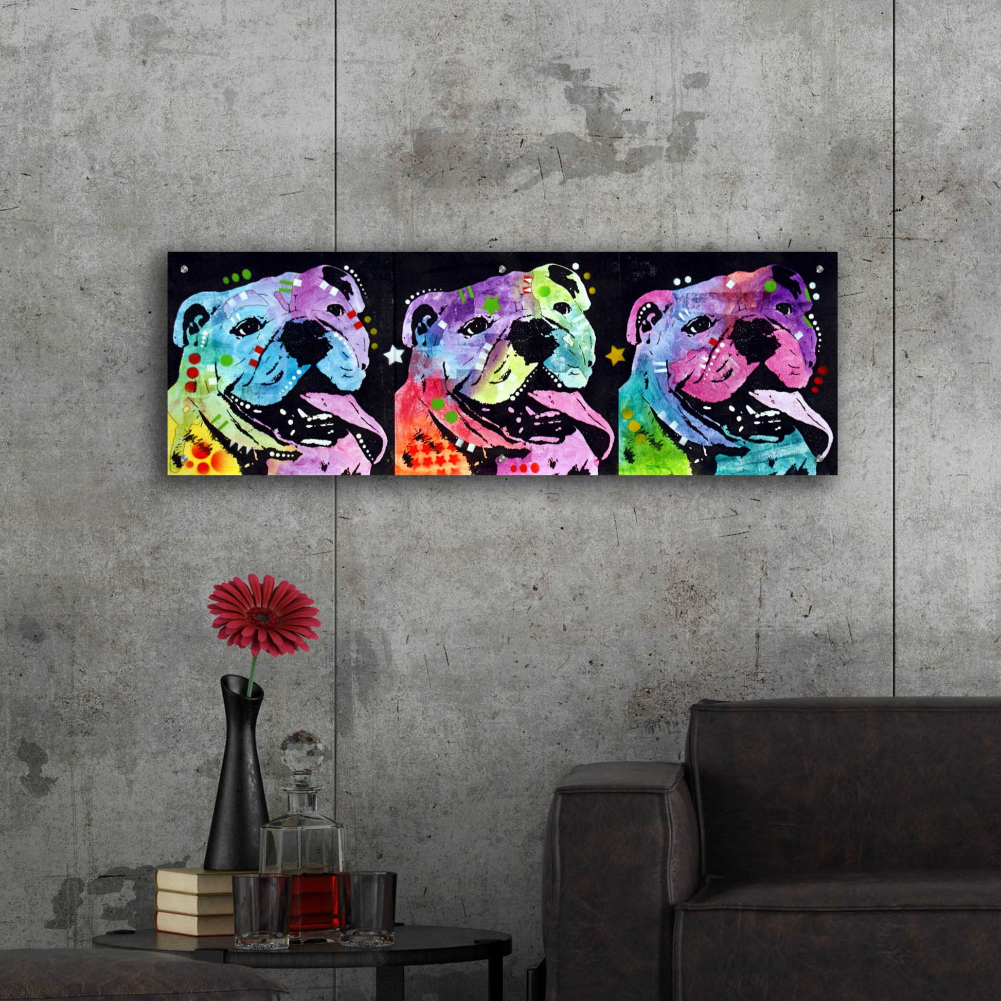 Epic Art '3 Bulldogs' by Dean Russo, Acrylic Glass Wall Art,48x16