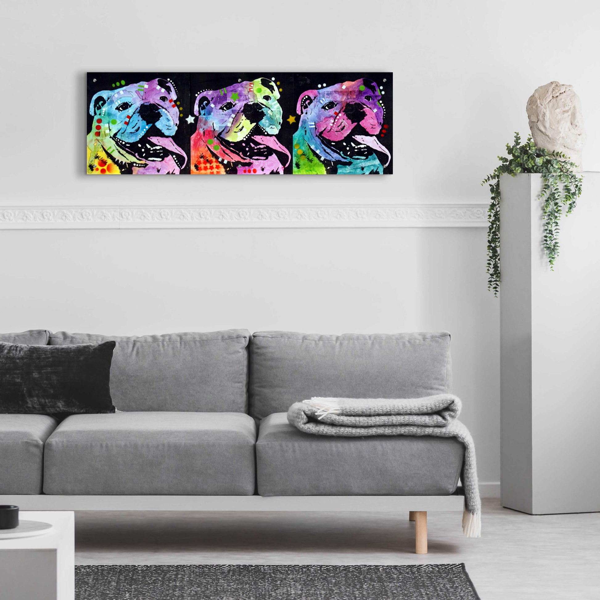 Epic Art '3 Bulldogs' by Dean Russo, Acrylic Glass Wall Art,48x16