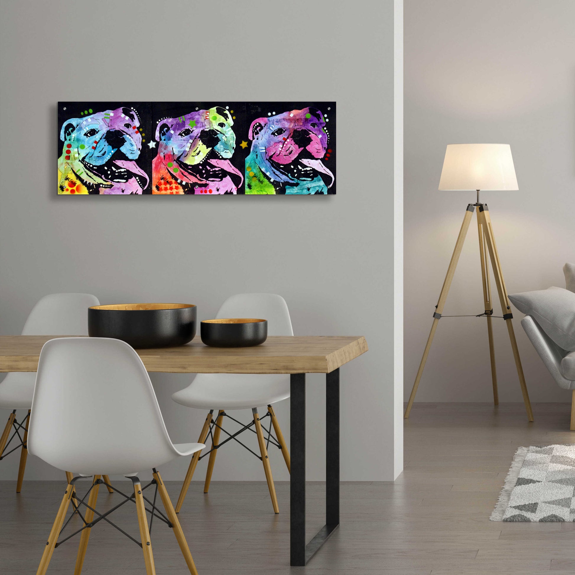 Epic Art '3 Bulldogs' by Dean Russo, Acrylic Glass Wall Art,48x16