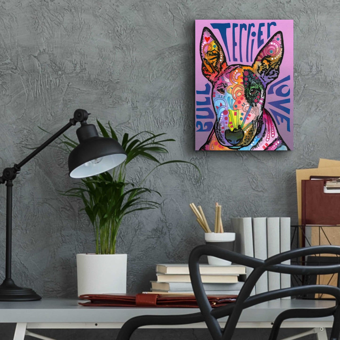 Epic Art 'Bull Terrier Luv' by Dean Russo, Acrylic Glass Wall Art,12x16