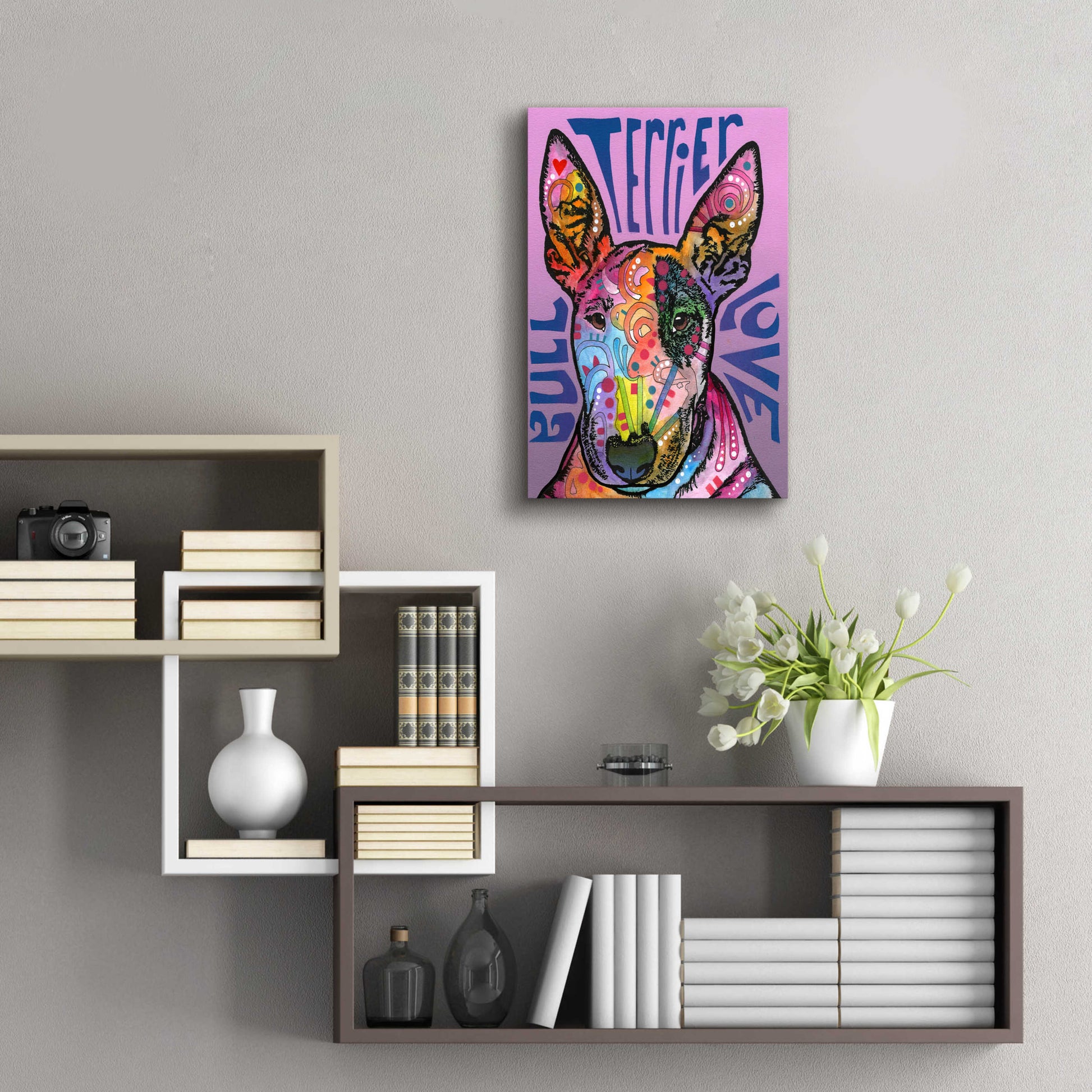 Epic Art 'Bull Terrier Luv' by Dean Russo, Acrylic Glass Wall Art,16x24