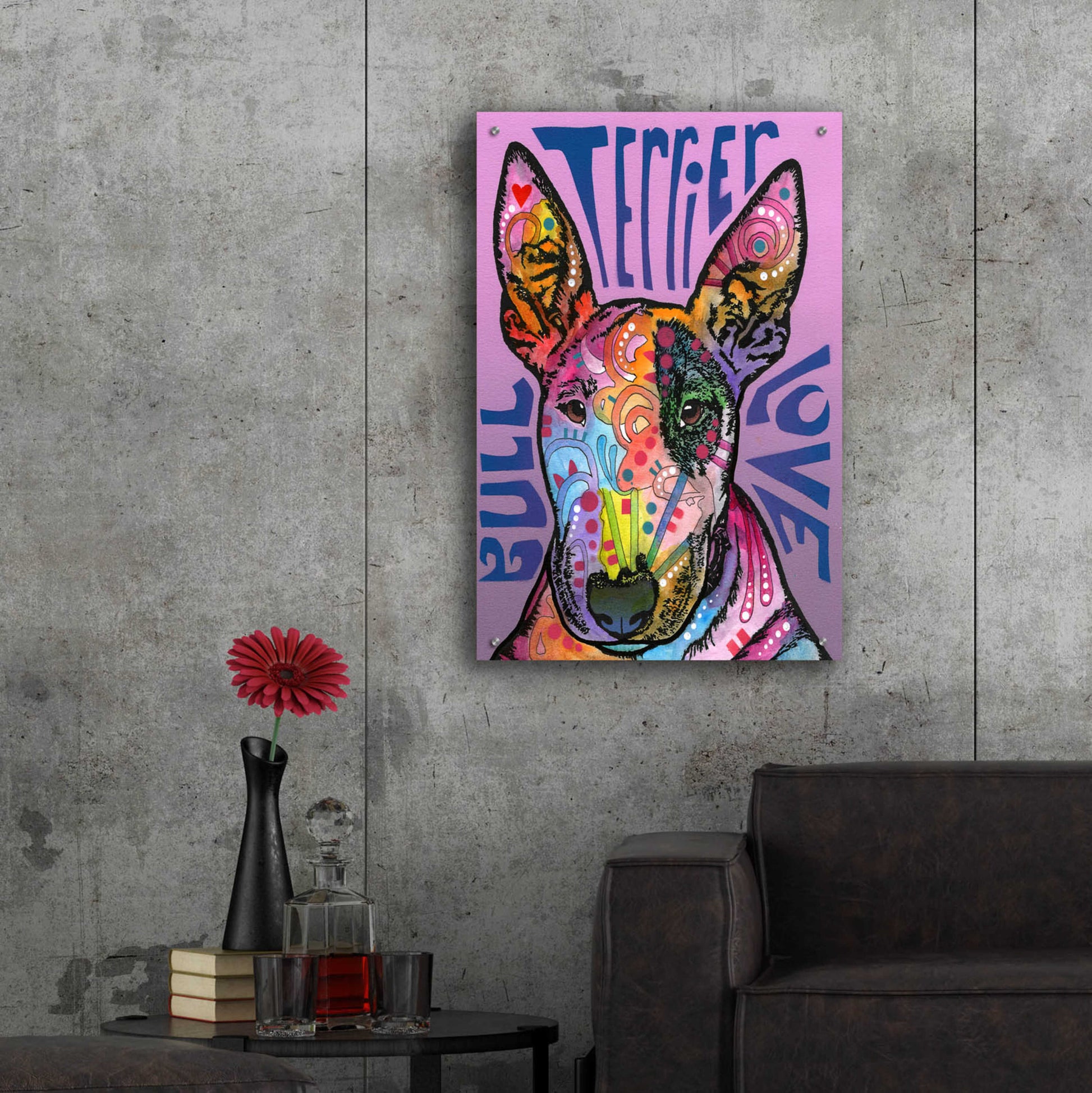 Epic Art 'Bull Terrier Luv' by Dean Russo, Acrylic Glass Wall Art,24x36