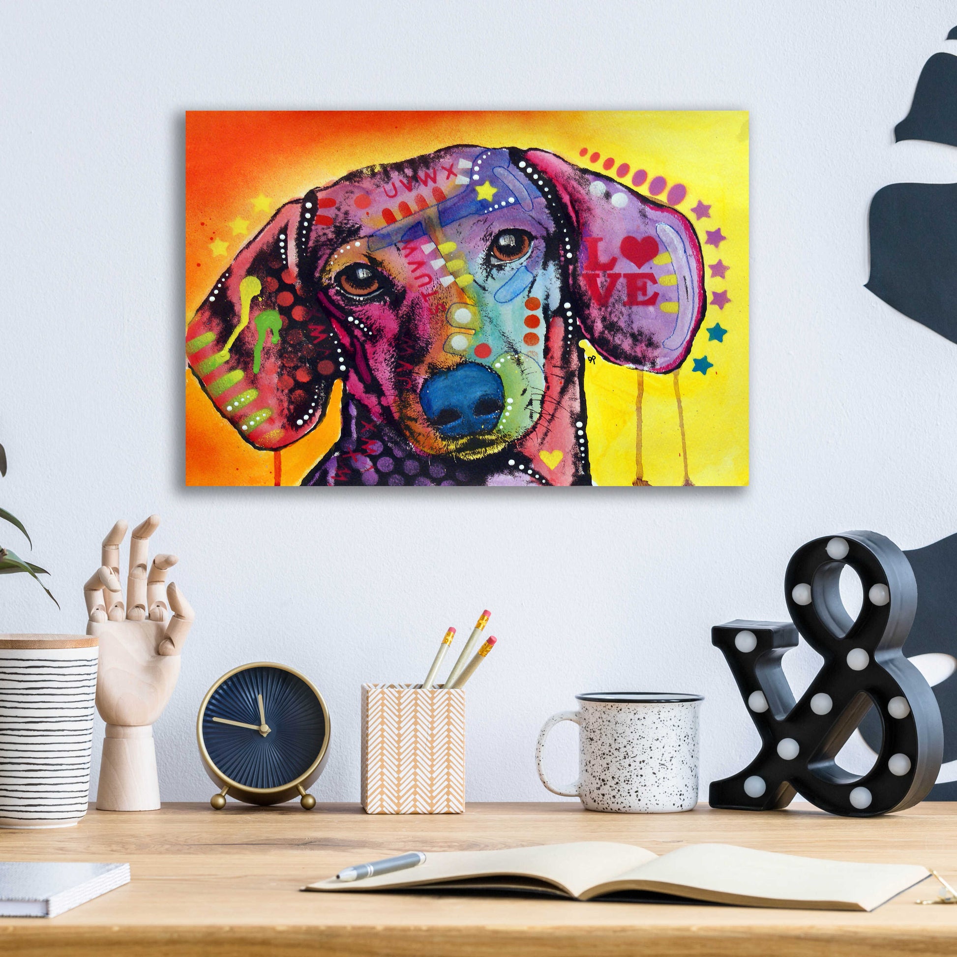 Epic Art 'Tilt Dachshund Love' by Dean Russo, Acrylic Glass Wall Art,16x12