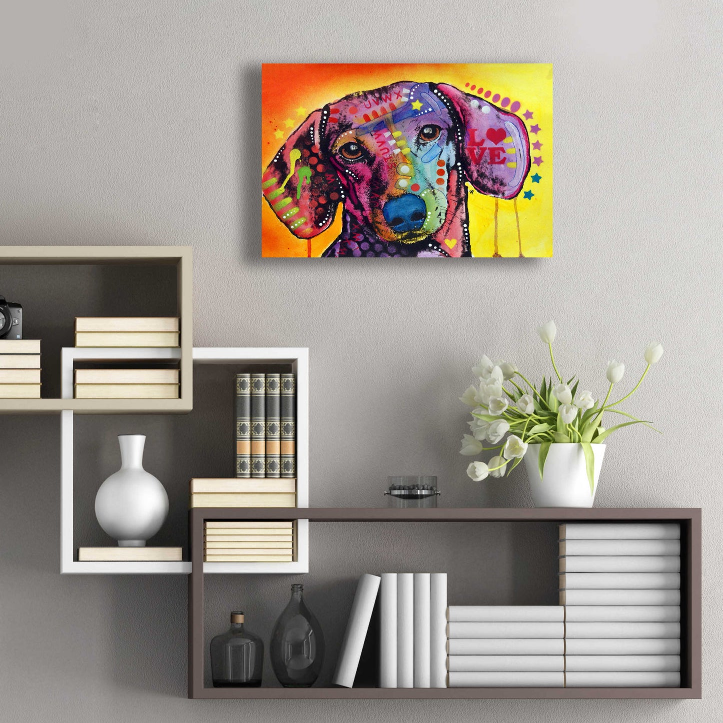 Epic Art 'Tilt Dachshund Love' by Dean Russo, Acrylic Glass Wall Art,24x16