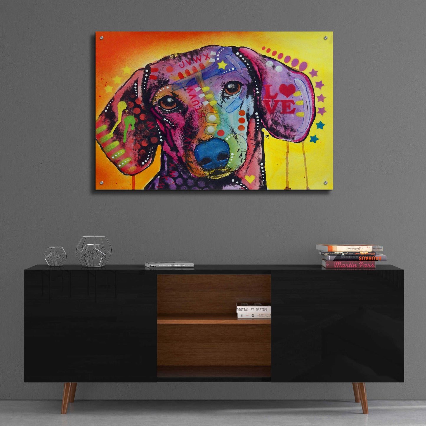 Epic Art 'Tilt Dachshund Love' by Dean Russo, Acrylic Glass Wall Art,36x24