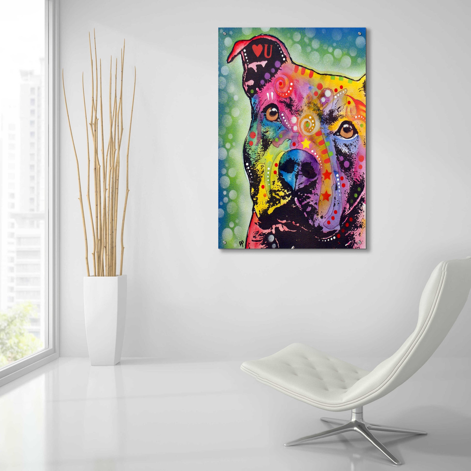 Epic Art 'Thoughtful Pit Bull White Bubble' by Dean Russo, Acrylic Glass Wall Art,24x36