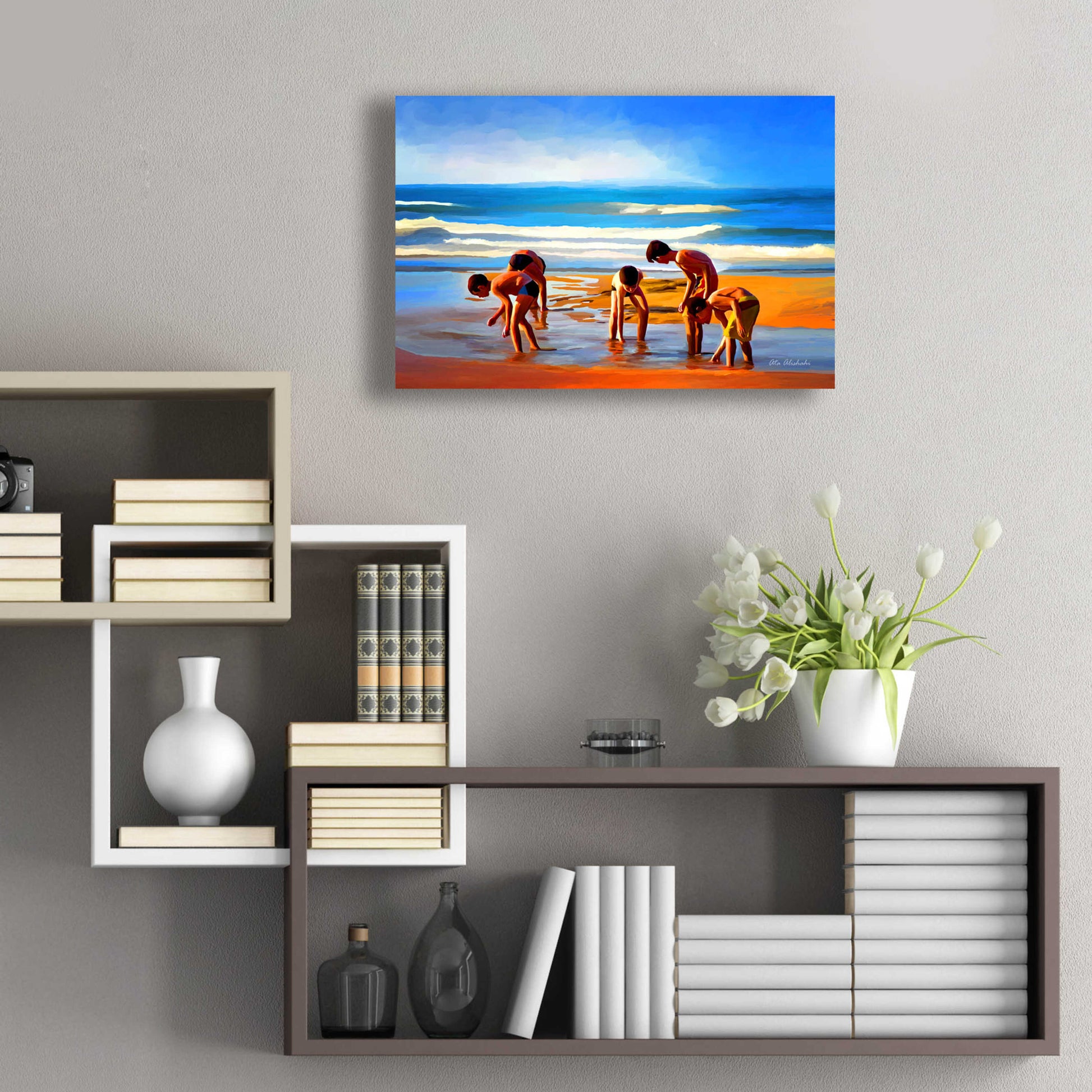 Epic Art ' Kids At The Beach ' by Ata Alishahi, Acrylic Glass Wall Art,24x16