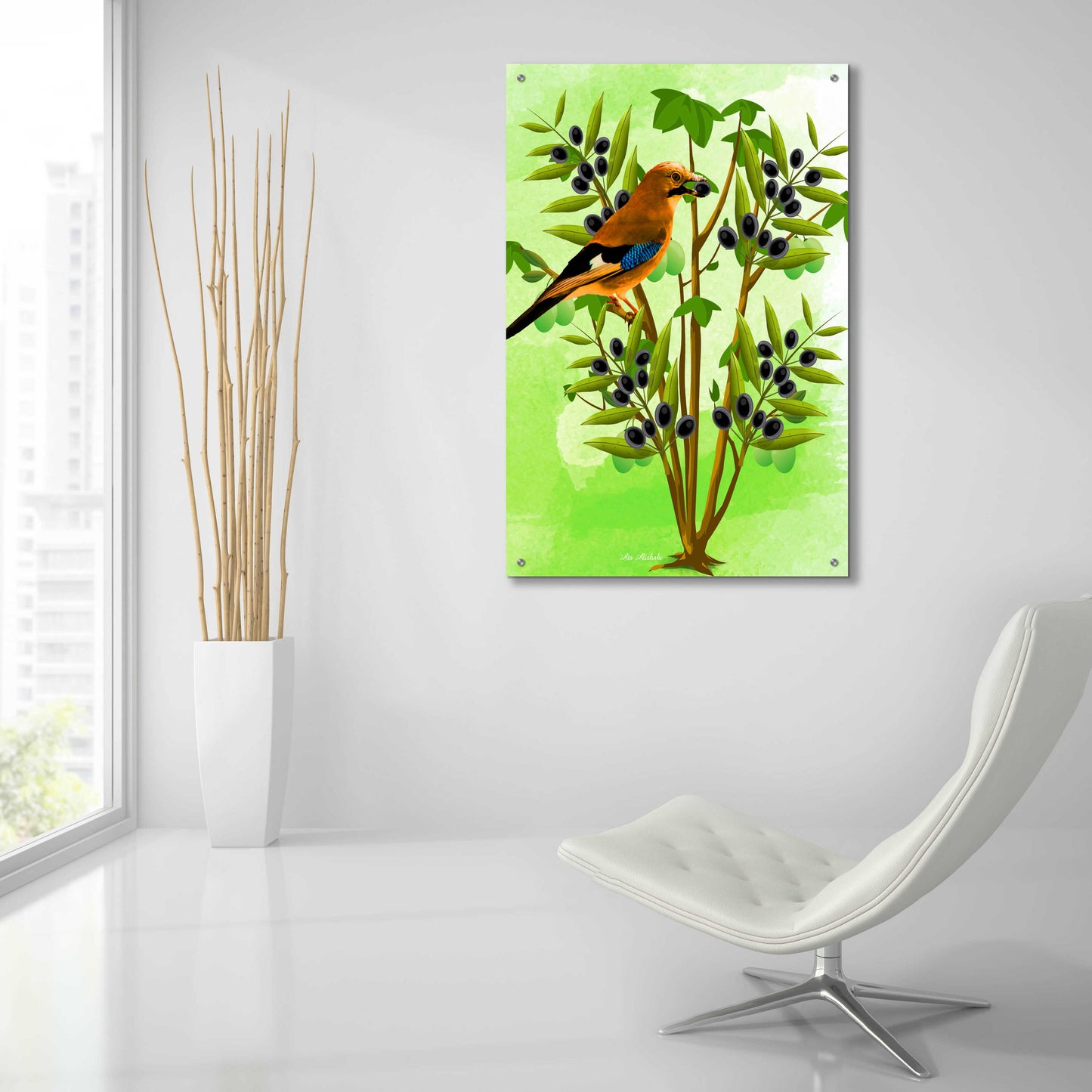 Epic Art 'Bird on Plant' by Ata Alishahi, Acrylic Glass Wall Art,24x36