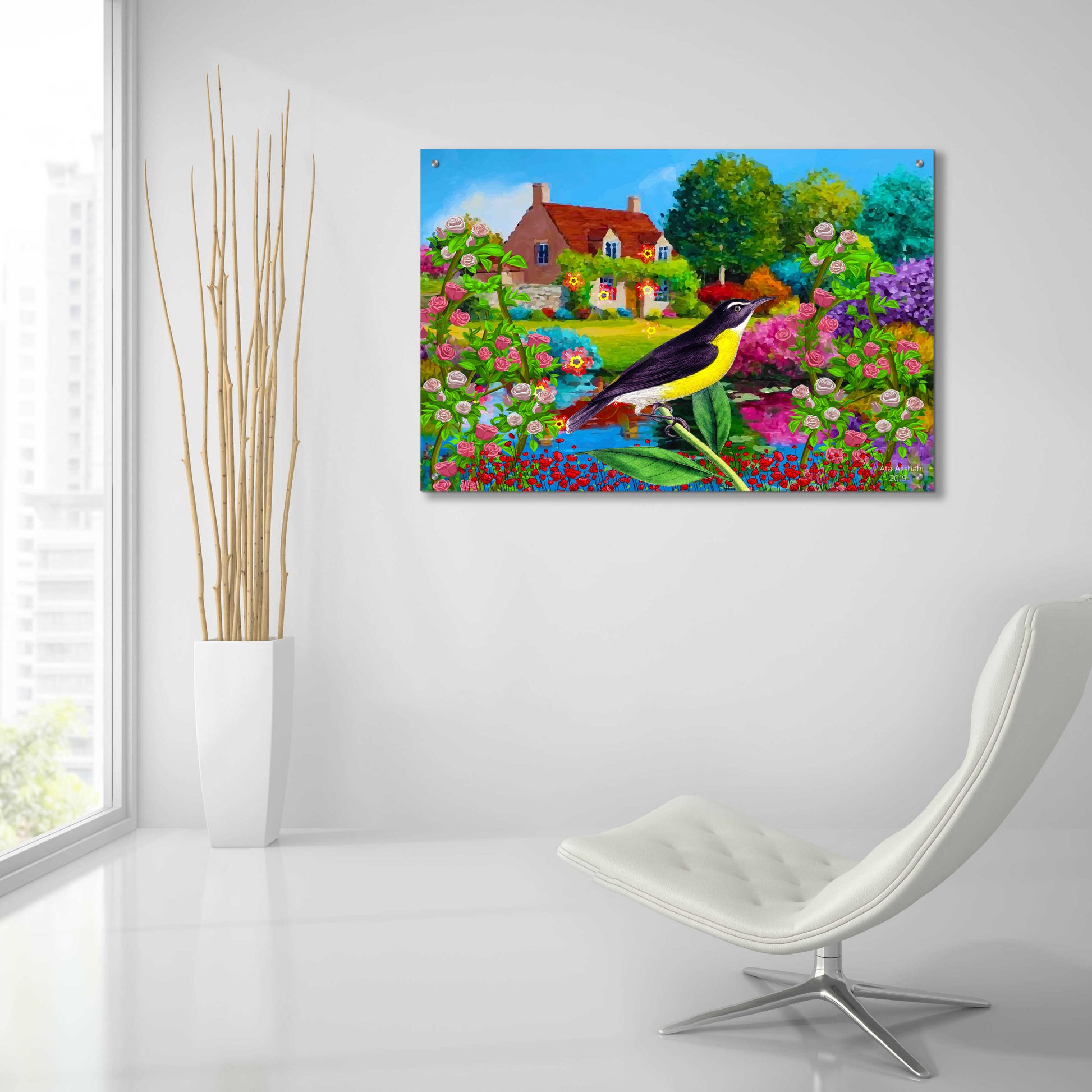 Epic Art 'Spring Bird And Flowers' by Ata Alishahi, Acrylic Glass Wall Art,36x24