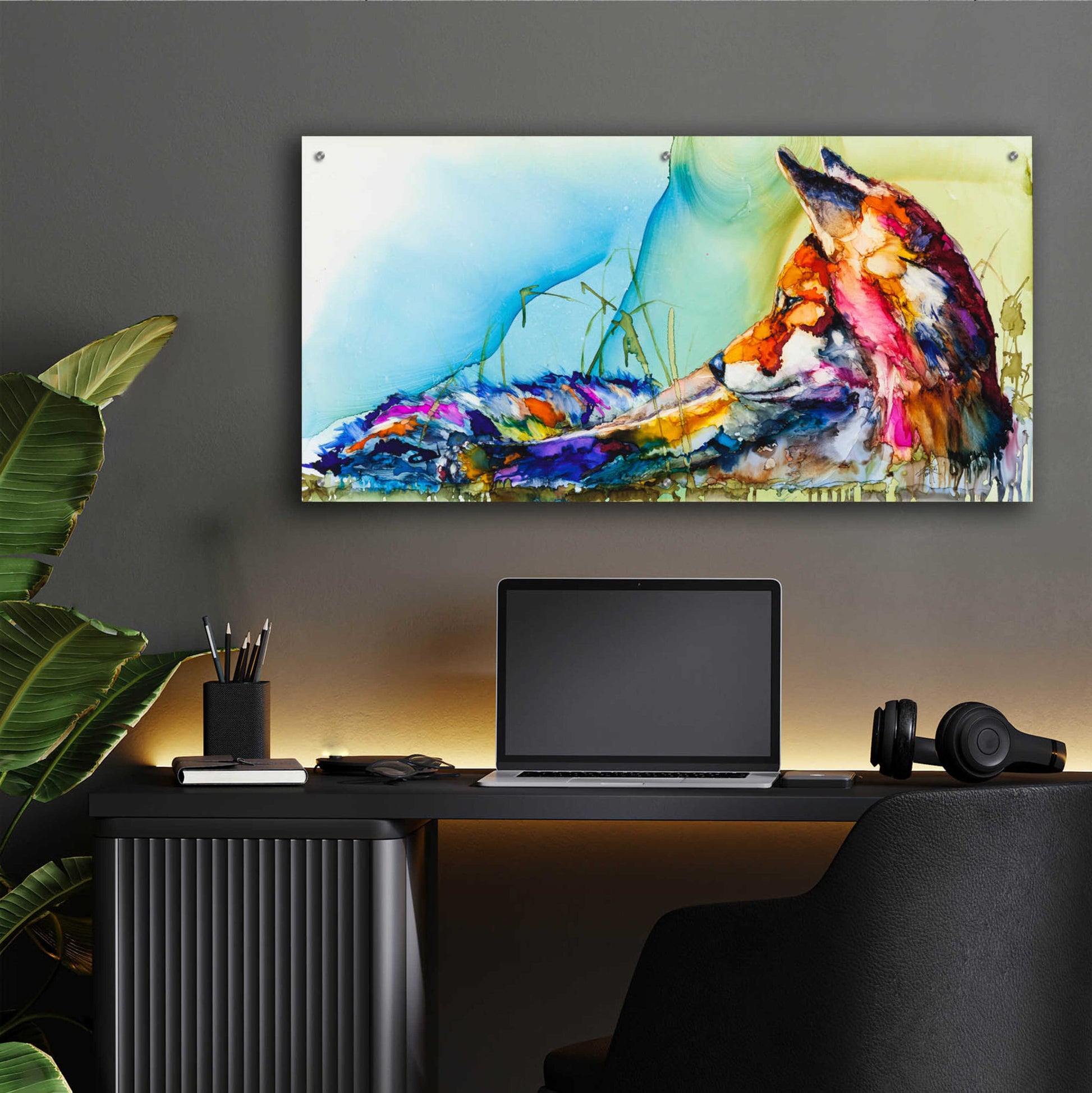 Epic Art 'Thinking Outside the Fox' by Leslie Franklin, Acrylic Glass Wall Art,48x24