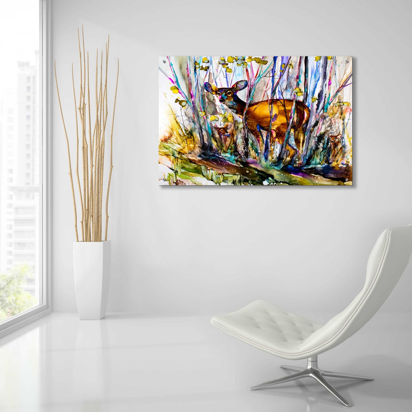 Epic Art 'Oh Deer Me, I See Three' by Leslie Franklin, Acrylic Glass Wall Art,36x24