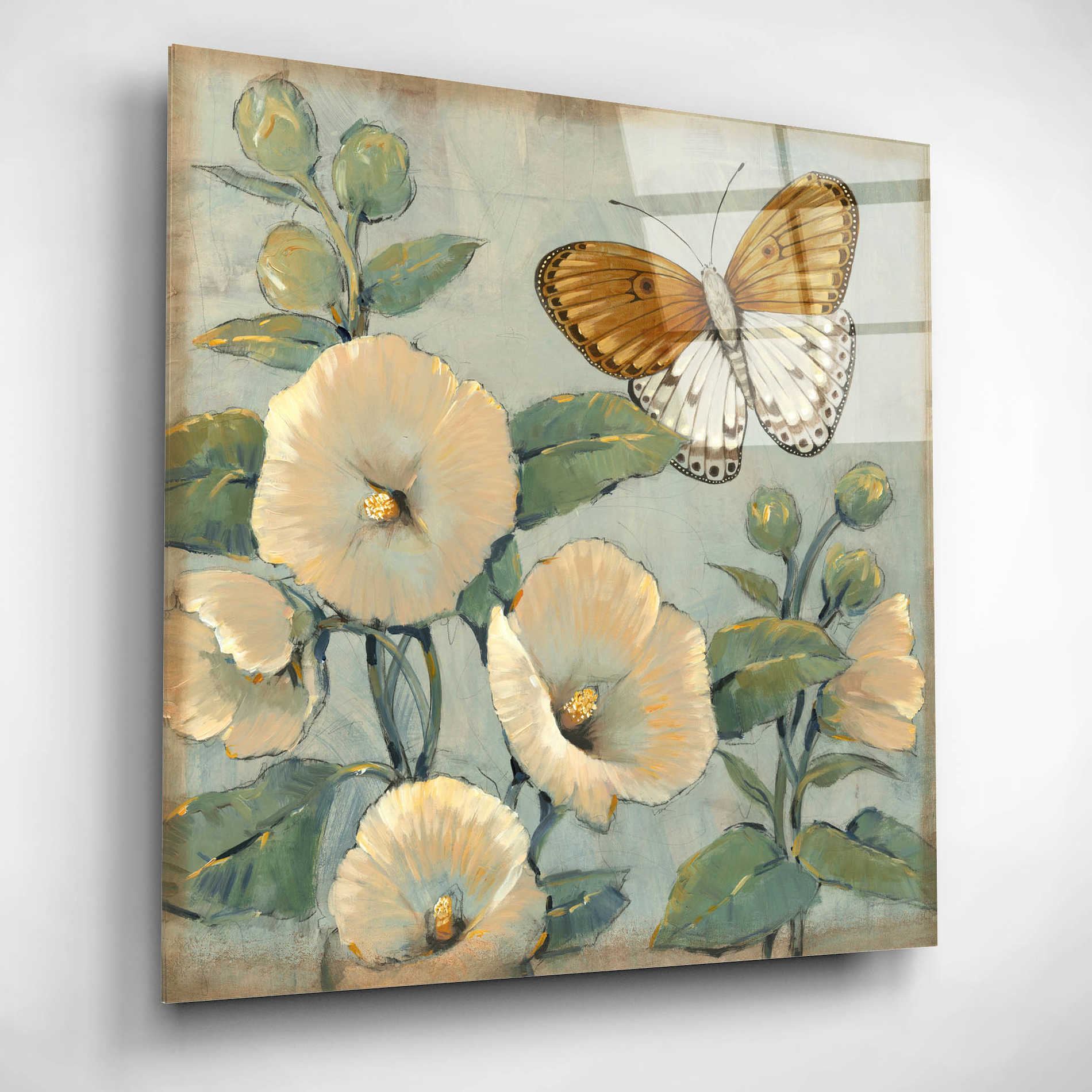 Epic Art 'Butterfly & Hollyhocks I' by Tim O'Toole, Acrylic Glass Wall Art,12x12