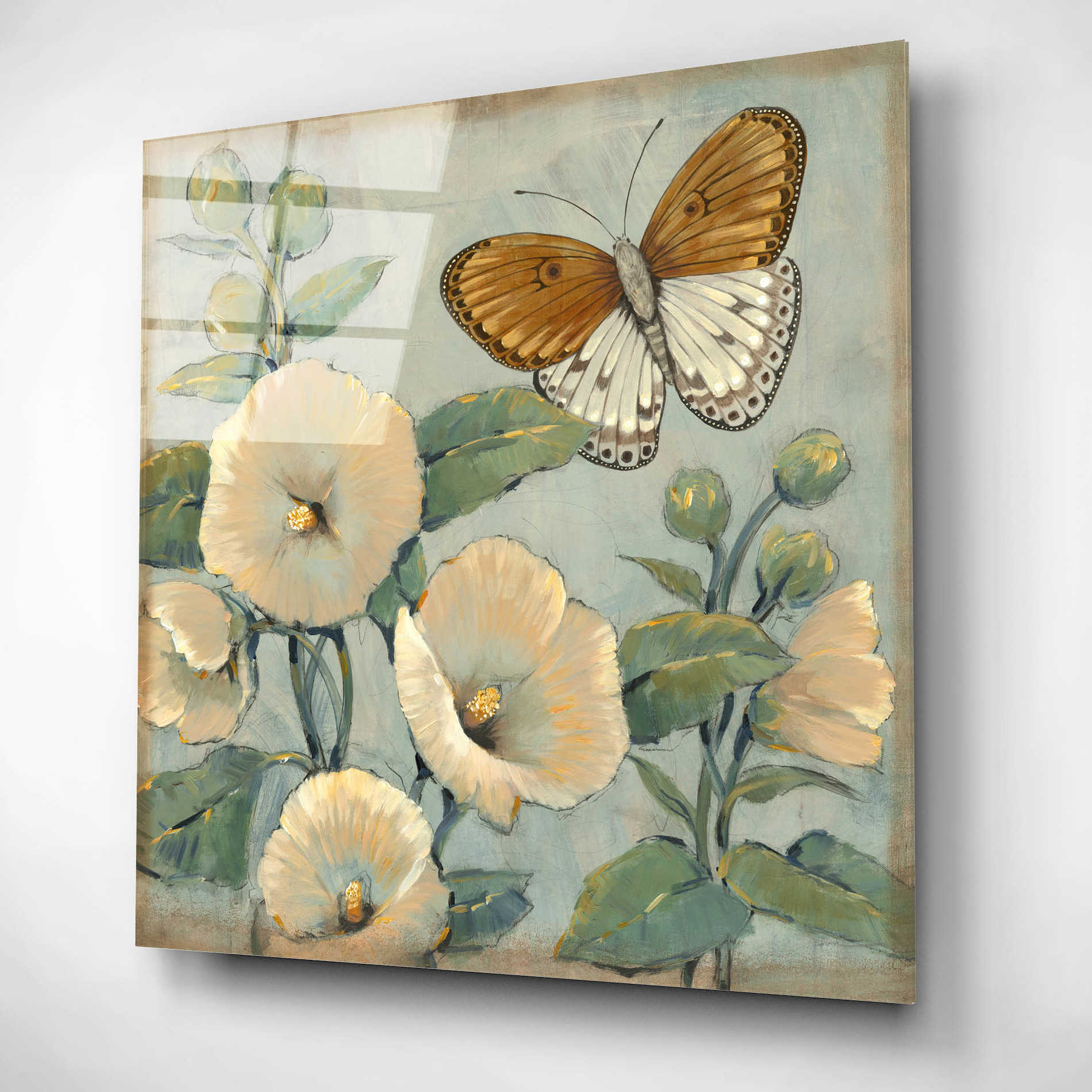 Epic Art 'Butterfly & Hollyhocks I' by Tim O'Toole, Acrylic Glass Wall Art,12x12