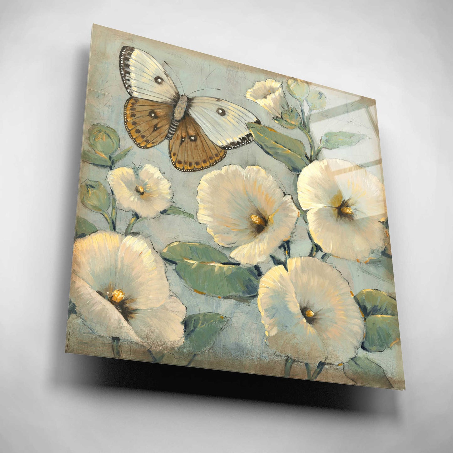 Epic Art 'Butterfly & Hollyhocks II' by Tim O'Toole, Acrylic Glass Wall Art,12x12