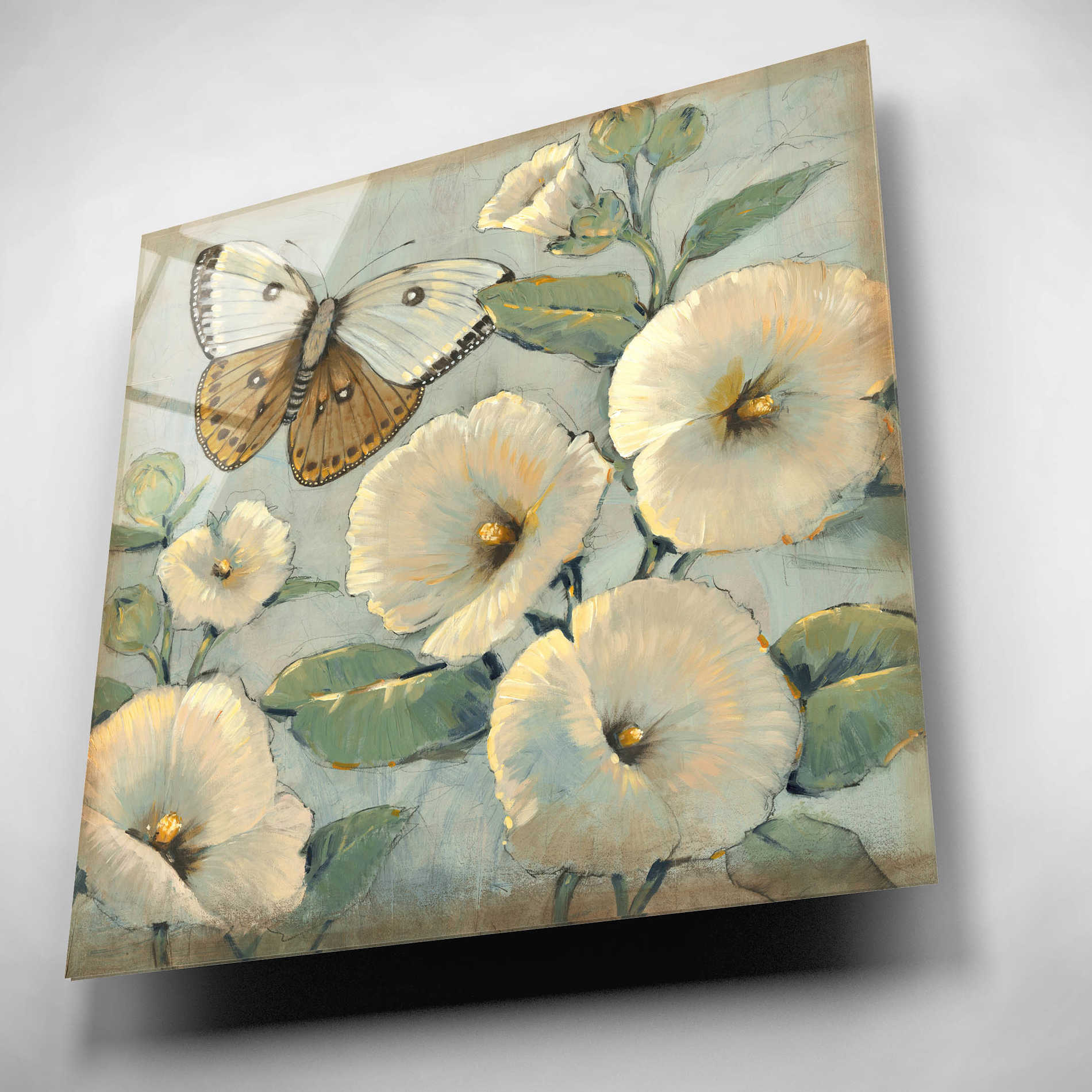 Epic Art 'Butterfly & Hollyhocks II' by Tim O'Toole, Acrylic Glass Wall Art,12x12