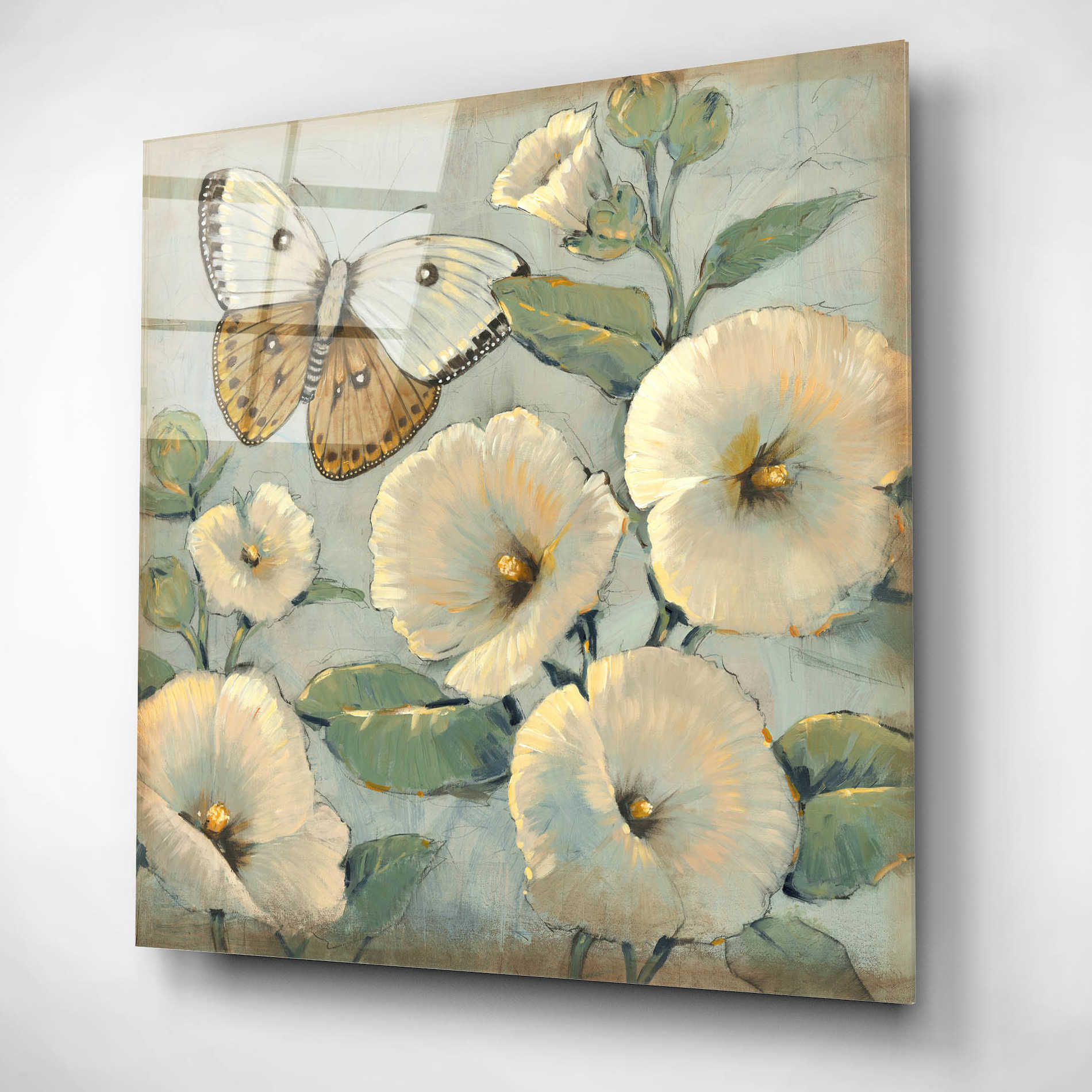 Epic Art 'Butterfly & Hollyhocks II' by Tim O'Toole, Acrylic Glass Wall Art,12x12