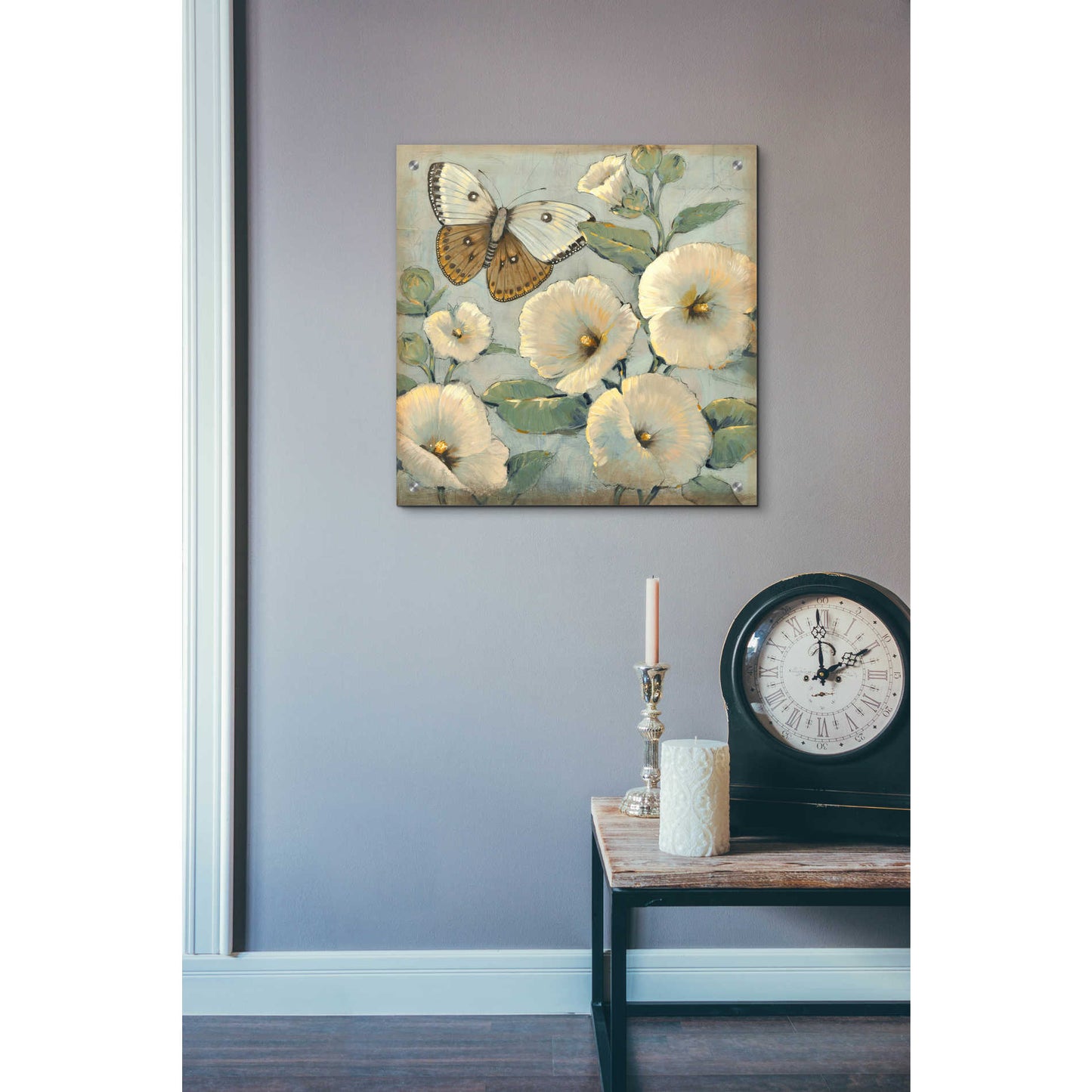 Epic Art 'Butterfly & Hollyhocks II' by Tim O'Toole, Acrylic Glass Wall Art,24x24