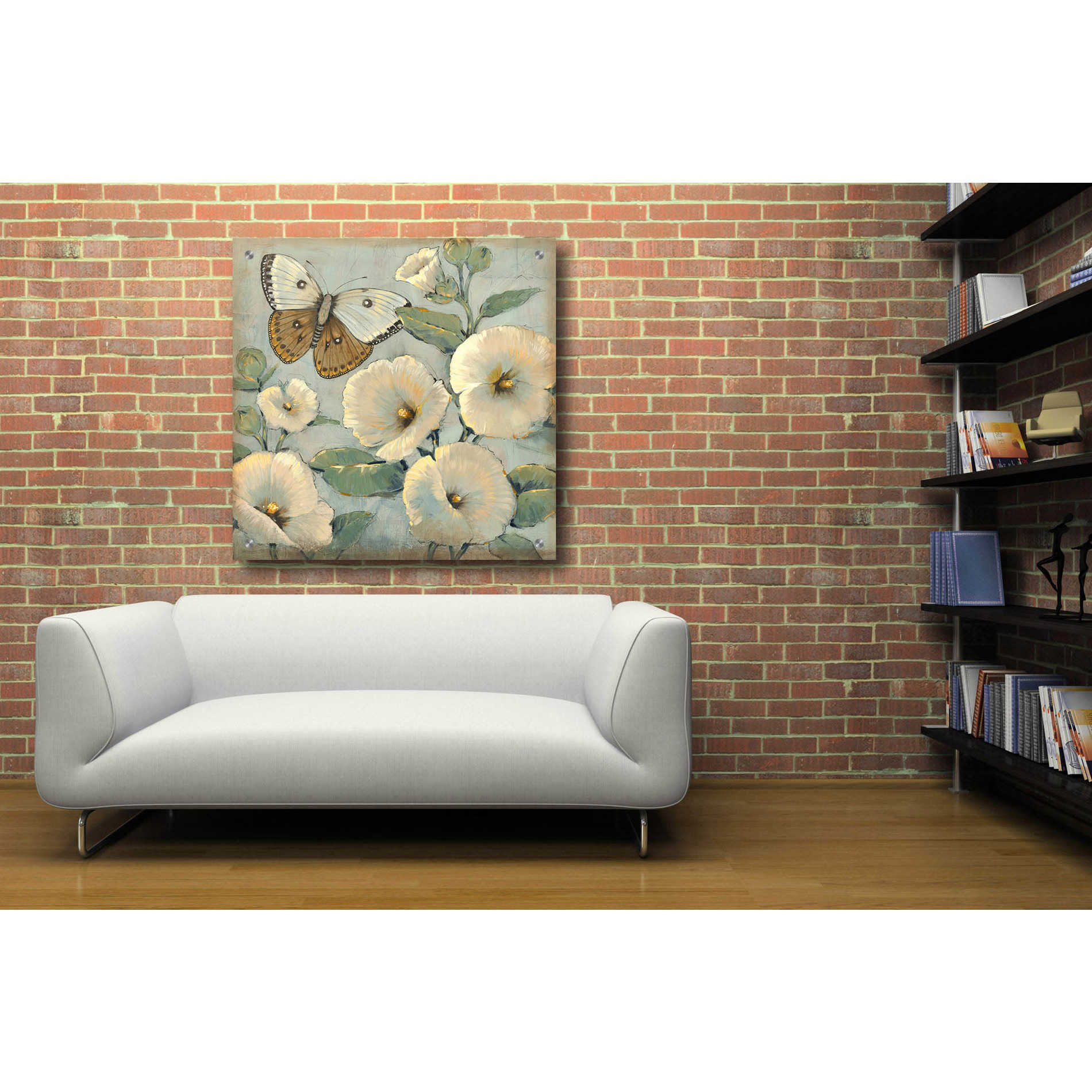 Epic Art 'Butterfly & Hollyhocks II' by Tim O'Toole, Acrylic Glass Wall Art,36x36