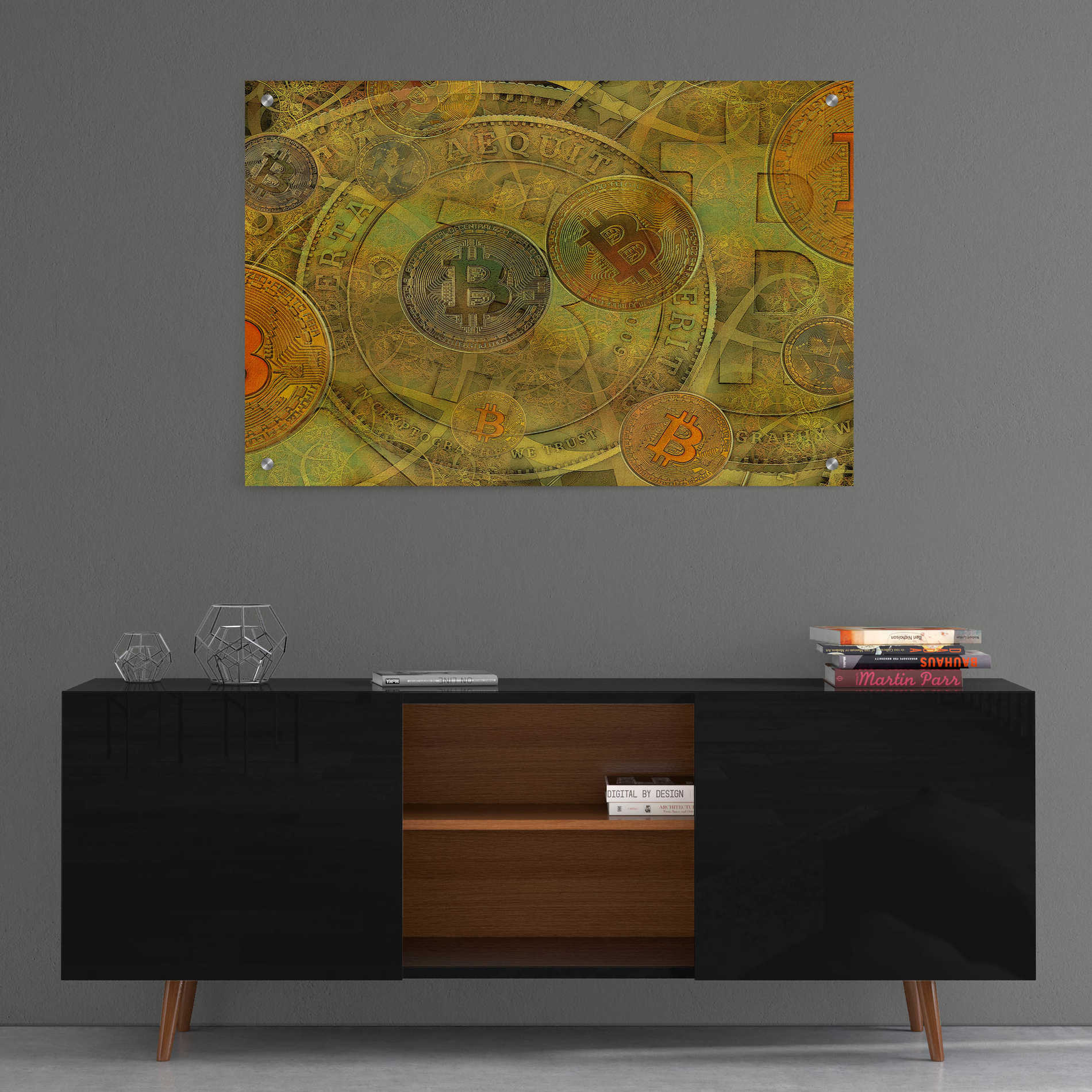Epic Art 'Grunge Bitcoin Two' by Steve Hunziker, Acrlic Glass Wall Art,36x24