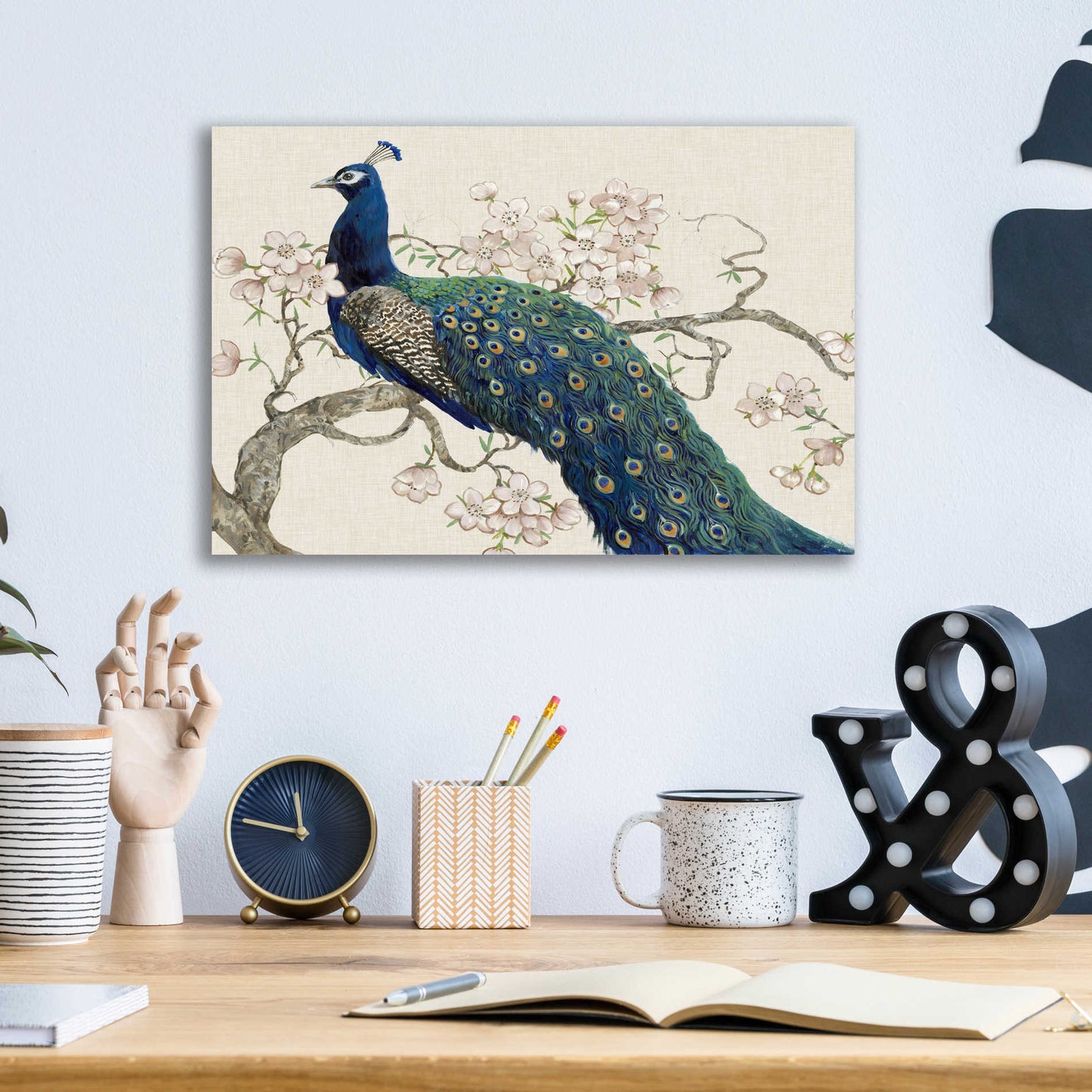 Epic Art 'Peacock & Blossoms II' by Tim O'Toole, Acrylic Glass Wall Art,16x12