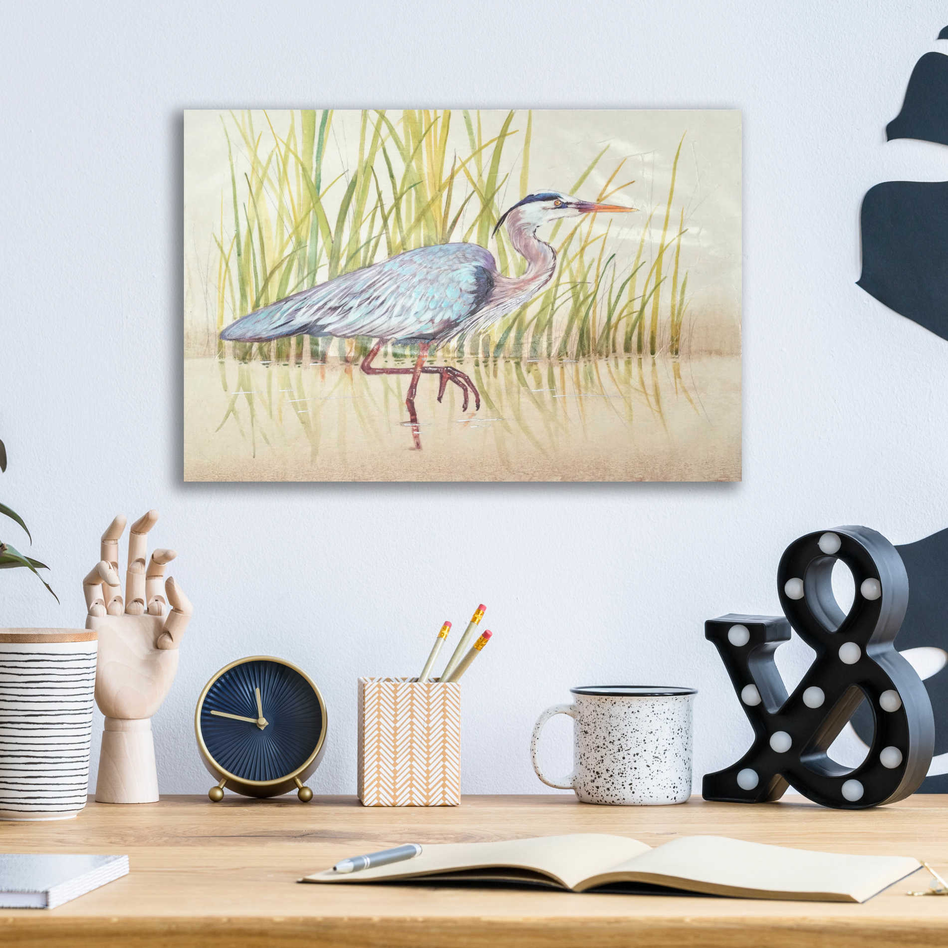 Epic Art 'Heron & Reeds I' by Tim O'Toole, Acrylic Glass Wall Art,16x12