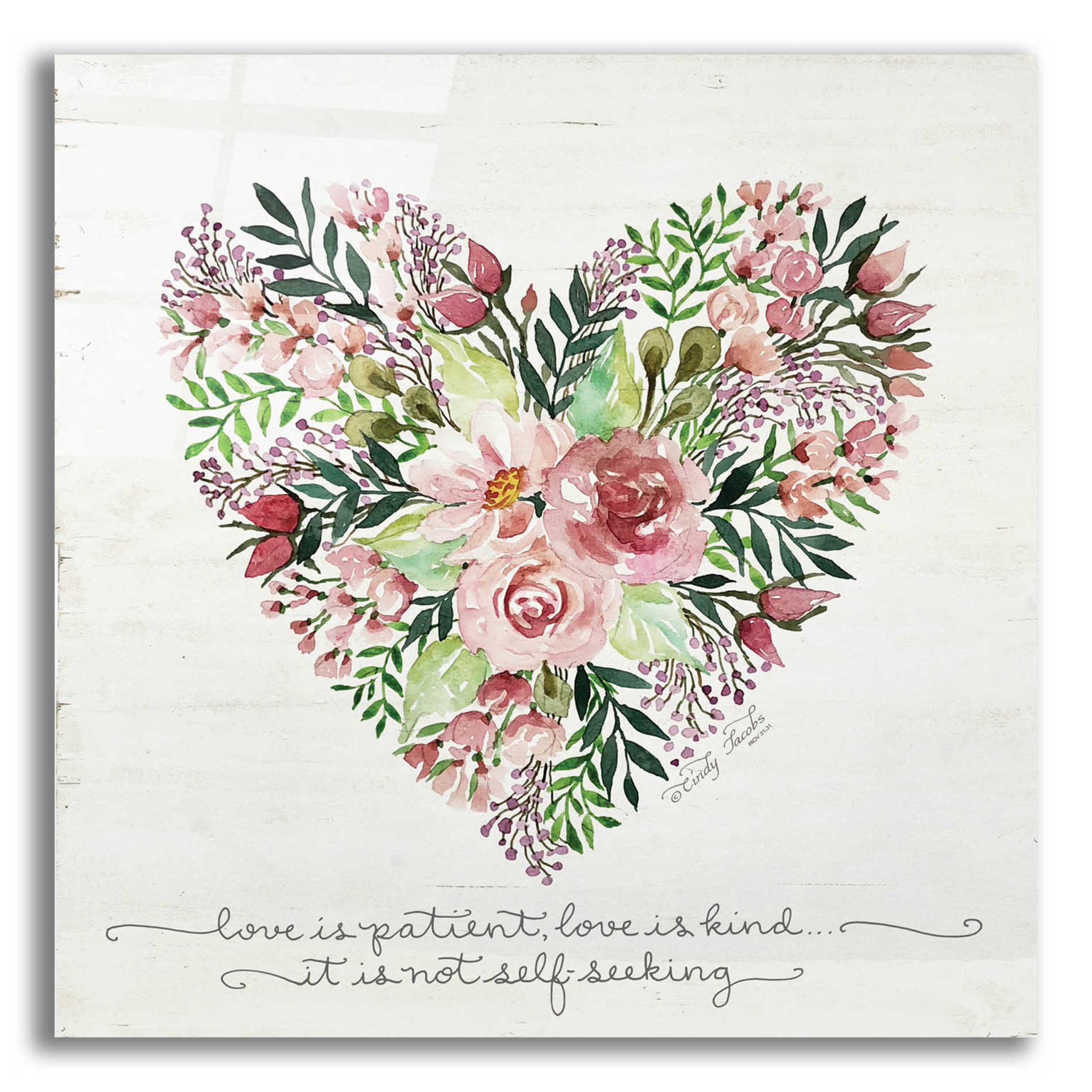 Epic Art 'Love is Patient Flower Heart' by Cindy Jacobs, Acrylic Glass Wall Art,12x12