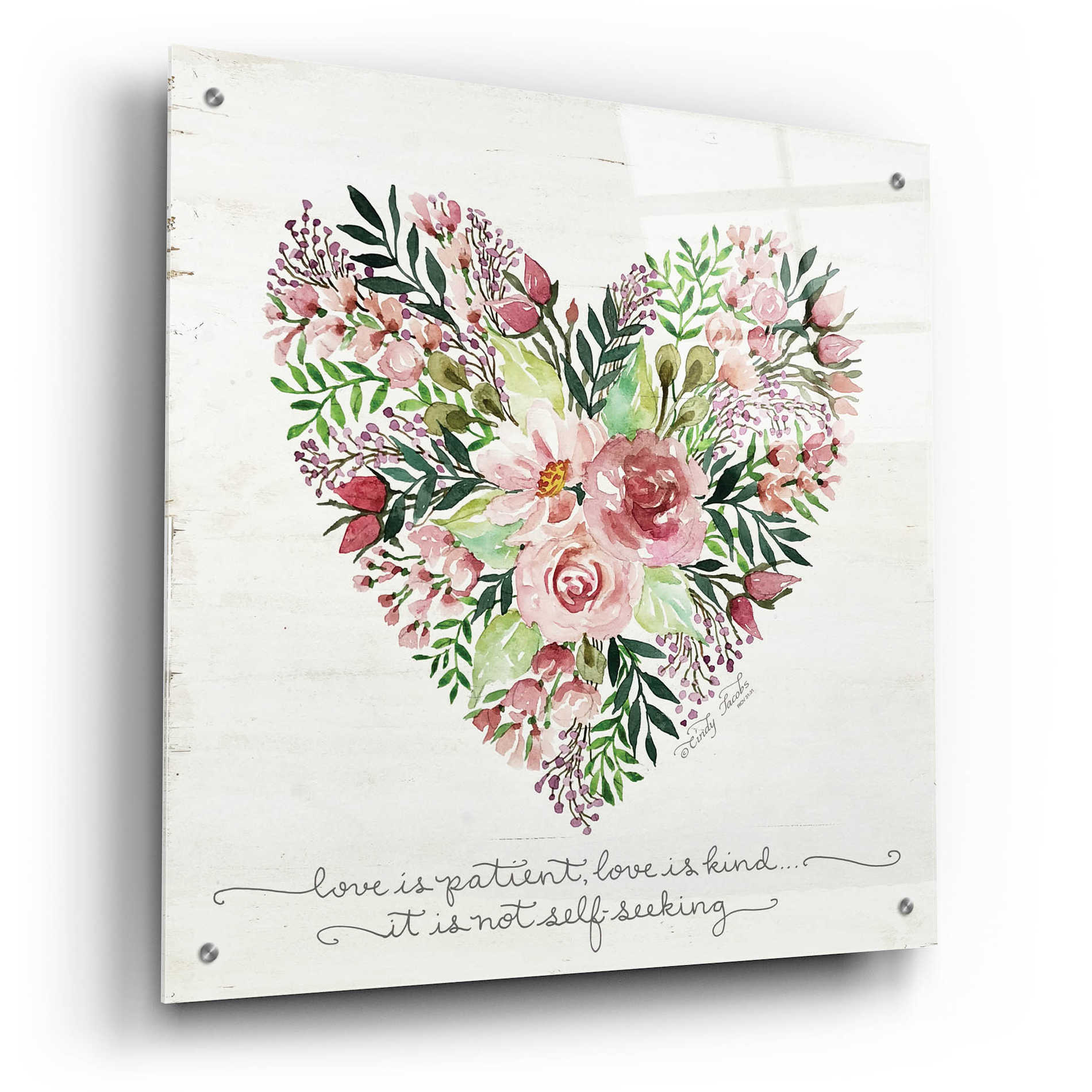 Epic Art 'Love is Patient Flower Heart' by Cindy Jacobs, Acrylic Glass Wall Art,24x24