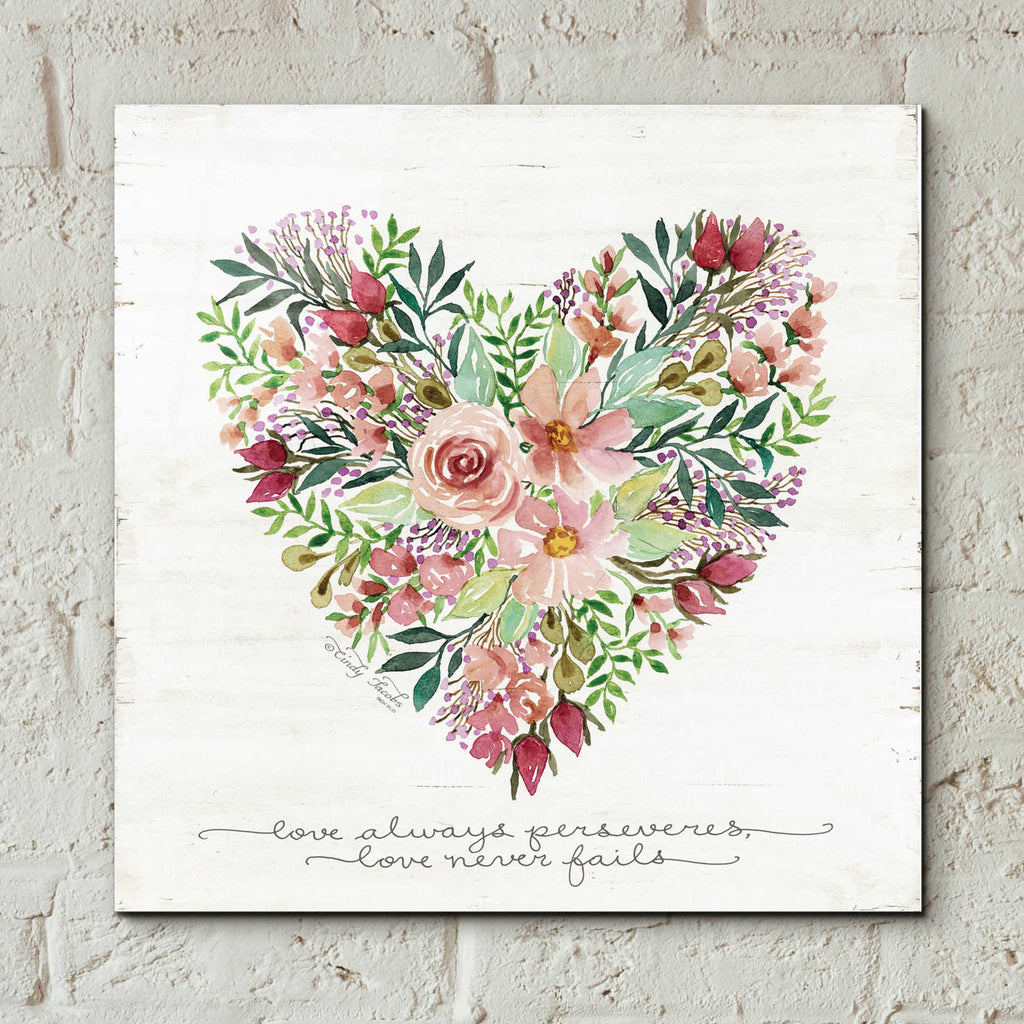 Epic Art 'Love Never Fails Flower Heart' by Cindy Jacobs, Acrylic Glass Wall Art,12x12