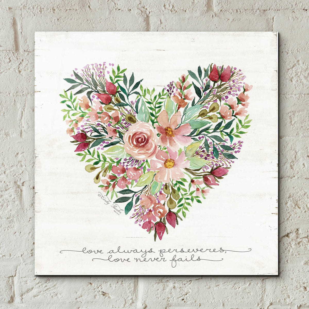 Epic Art 'Love Never Fails Flower Heart' by Cindy Jacobs, Acrylic Glass Wall Art,12x12