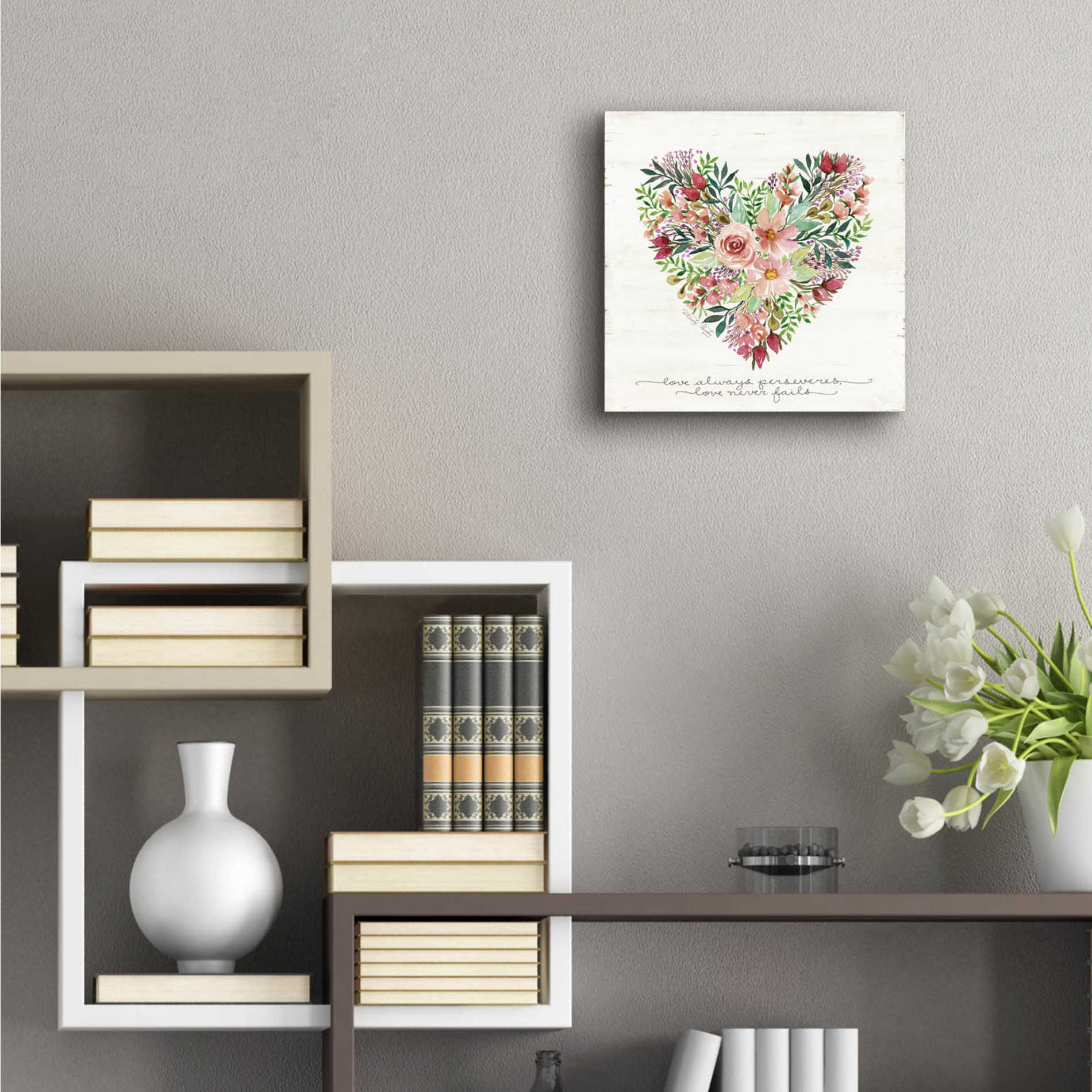 Epic Art 'Love Never Fails Flower Heart' by Cindy Jacobs, Acrylic Glass Wall Art,12x12