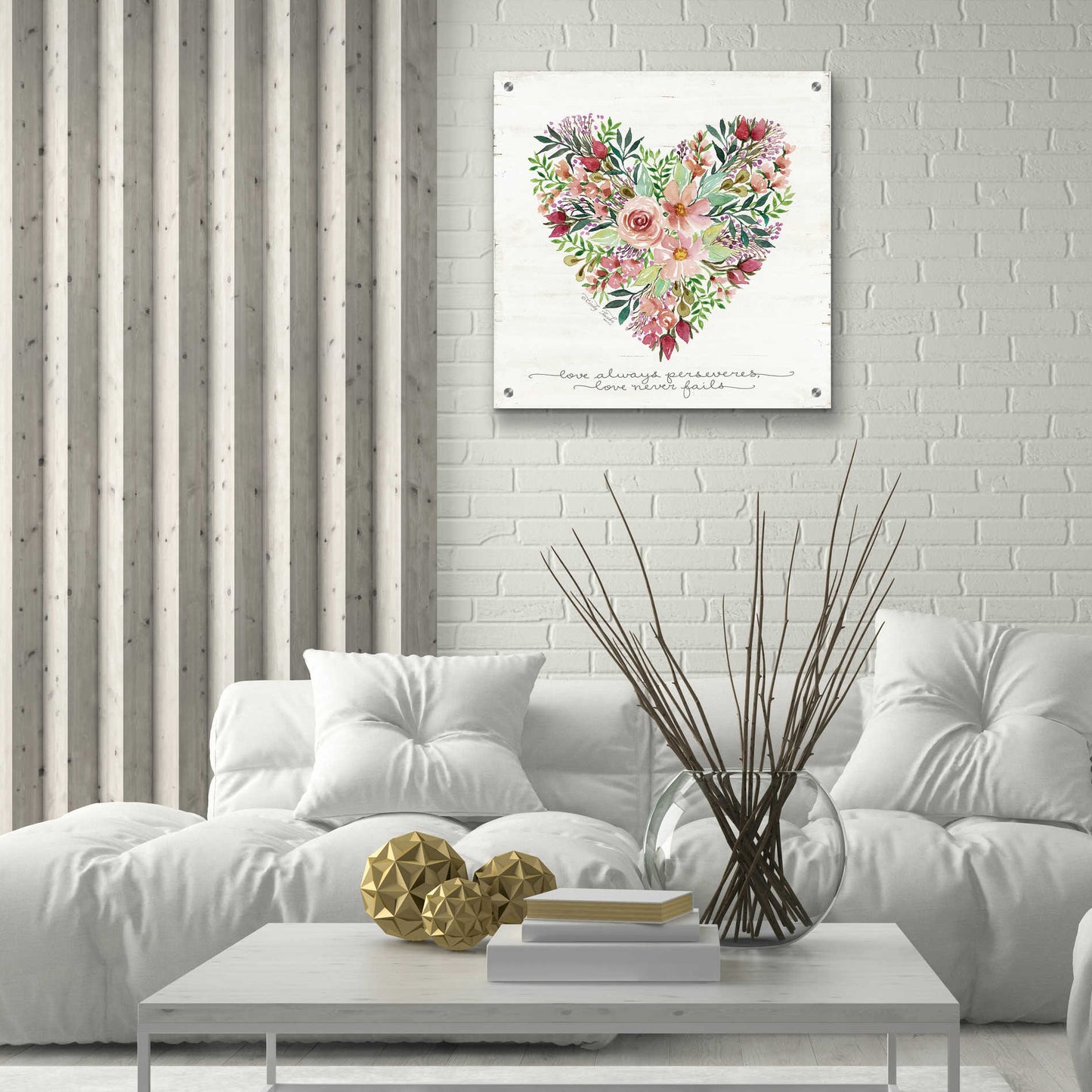 Epic Art 'Love Never Fails Flower Heart' by Cindy Jacobs, Acrylic Glass Wall Art,24x24